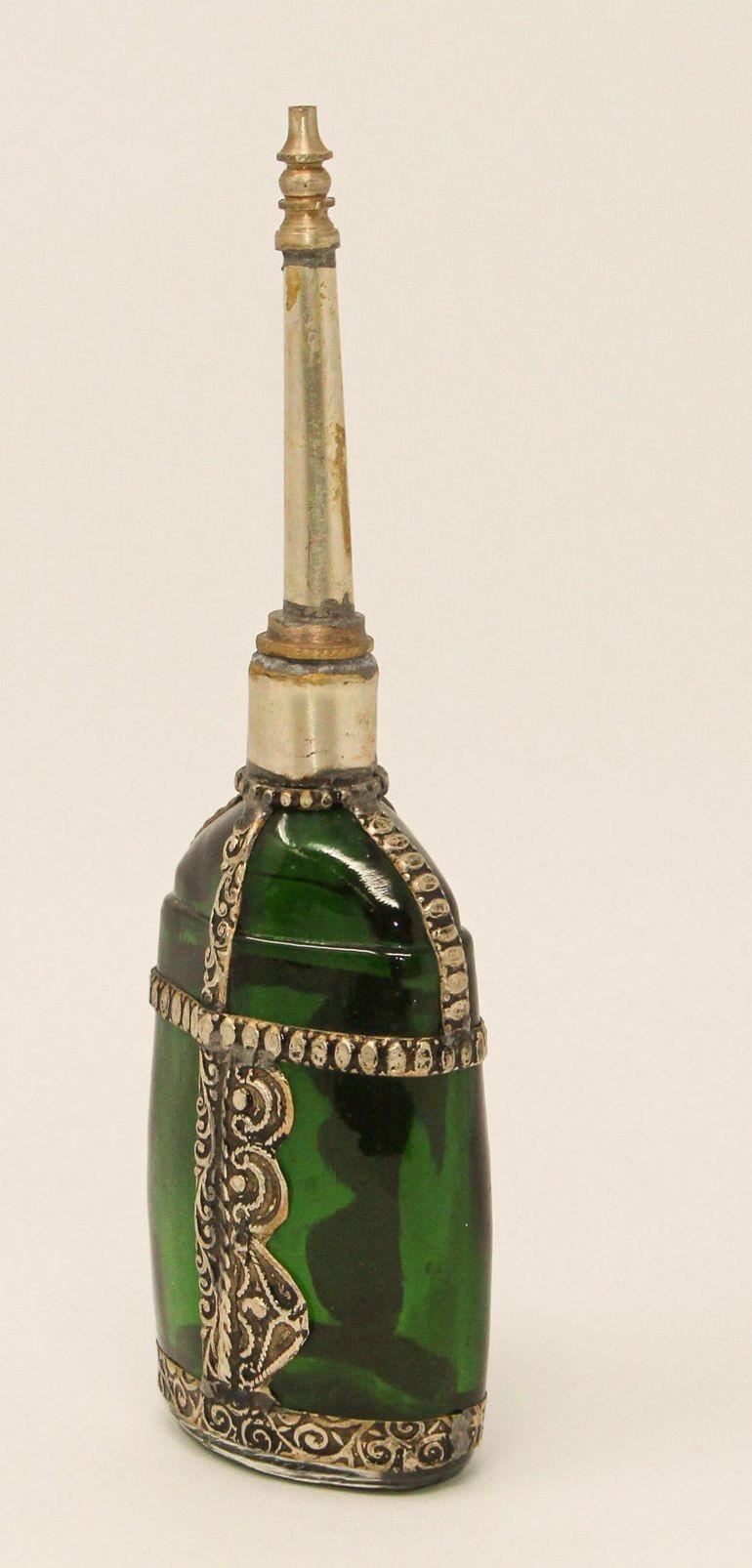 Moroccan Moorish Green Glass Perfume Bottle Sprinkler with Embossed Metal Overlay For Sale