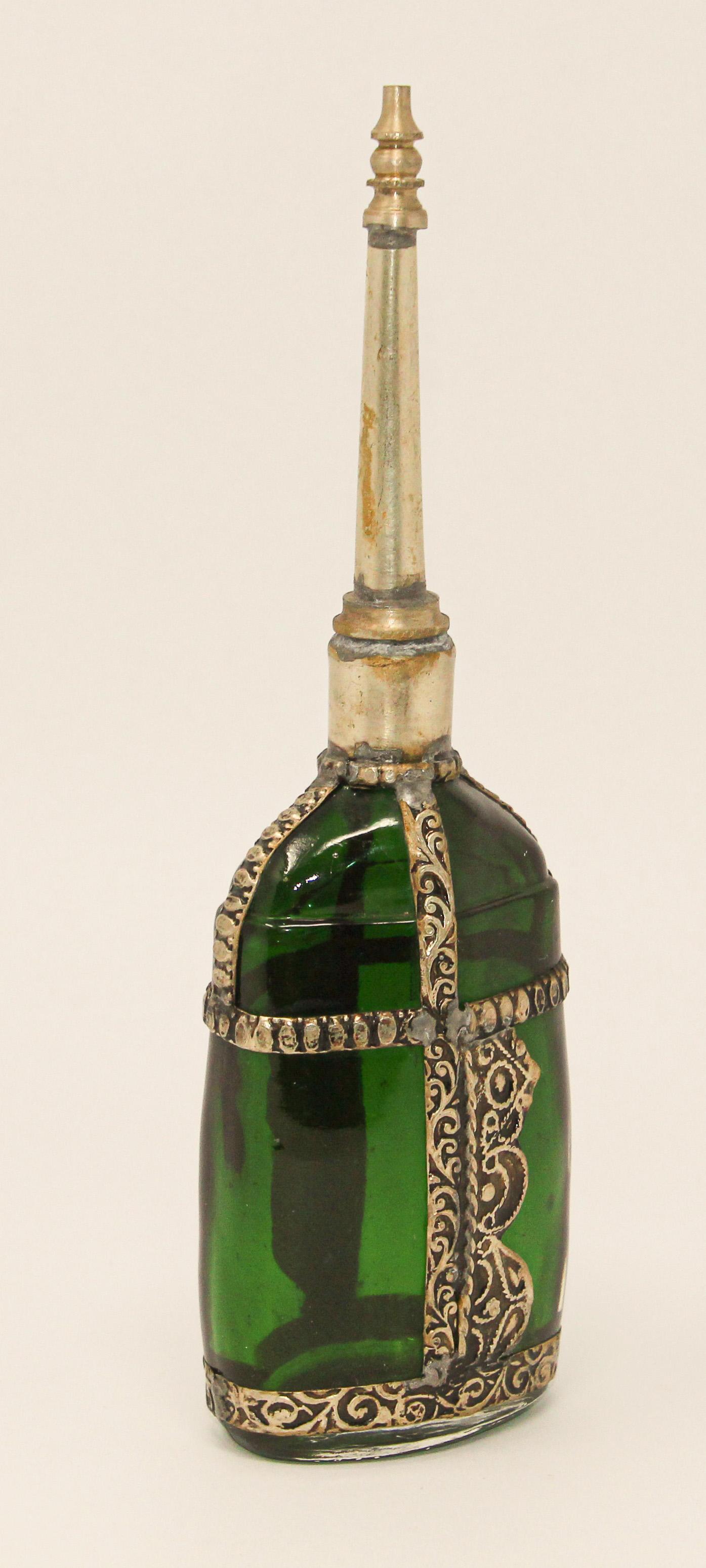 Hand-Crafted Moorish Green Glass Perfume Bottle Sprinkler with Embossed Metal Overlay