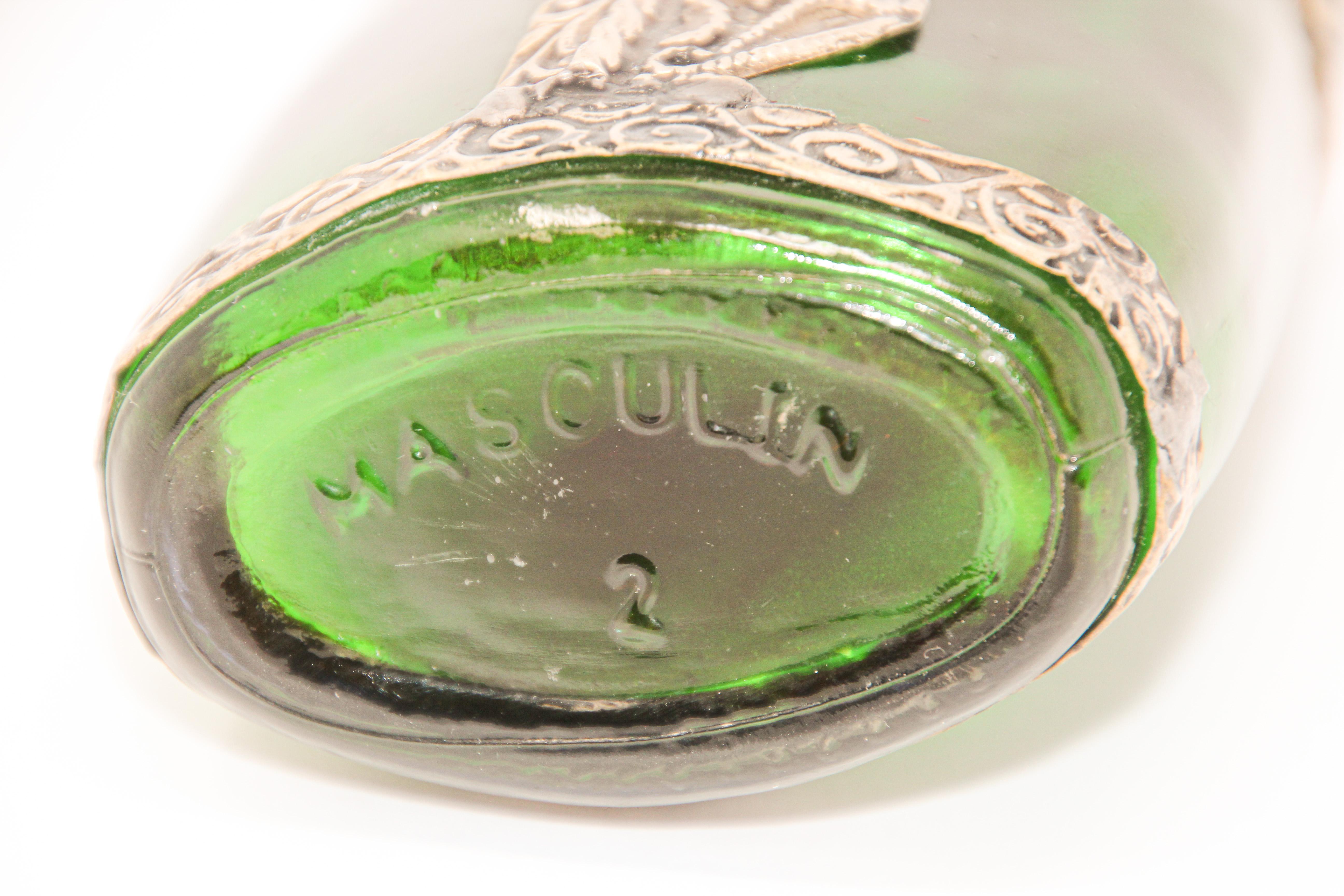 Moorish Green Glass Perfume Bottle Sprinkler with Embossed Metal Overlay In Good Condition In North Hollywood, CA