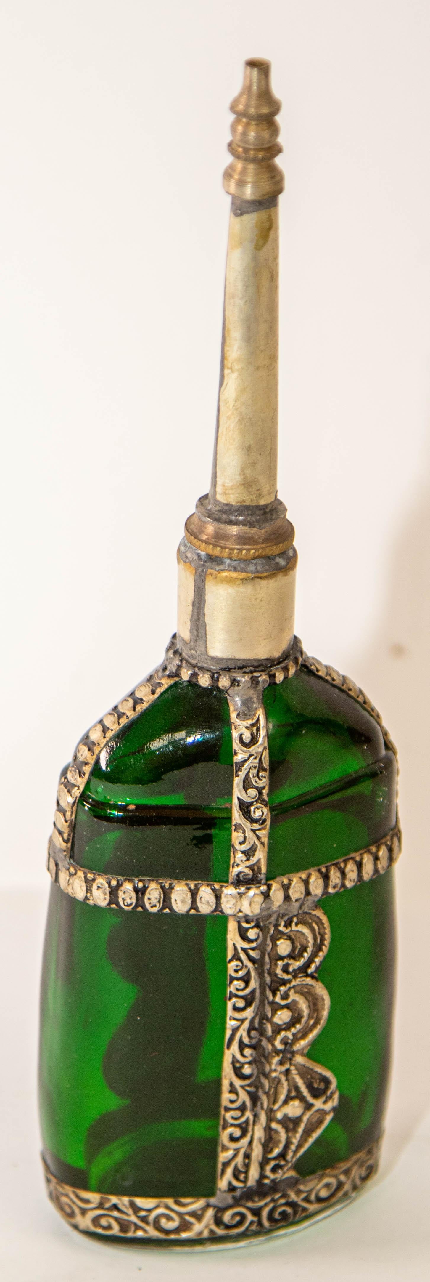 Moorish Green Glass Perfume Bottle Sprinkler with Embossed Metal Overlay For Sale 1