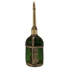 Moorish Green Glass Perfume Bottle Sprinkler with Embossed Metal Overlay