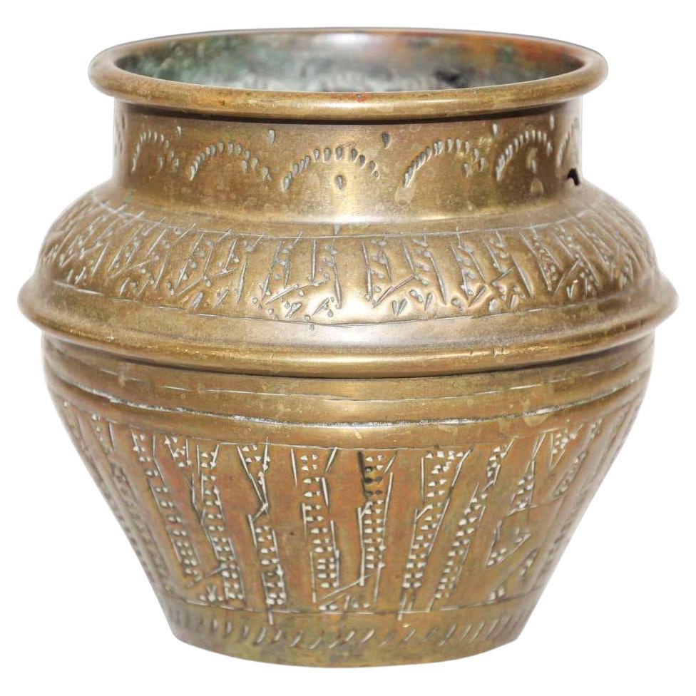 Moorish Hand-Etched Metal Brass Pot For Sale
