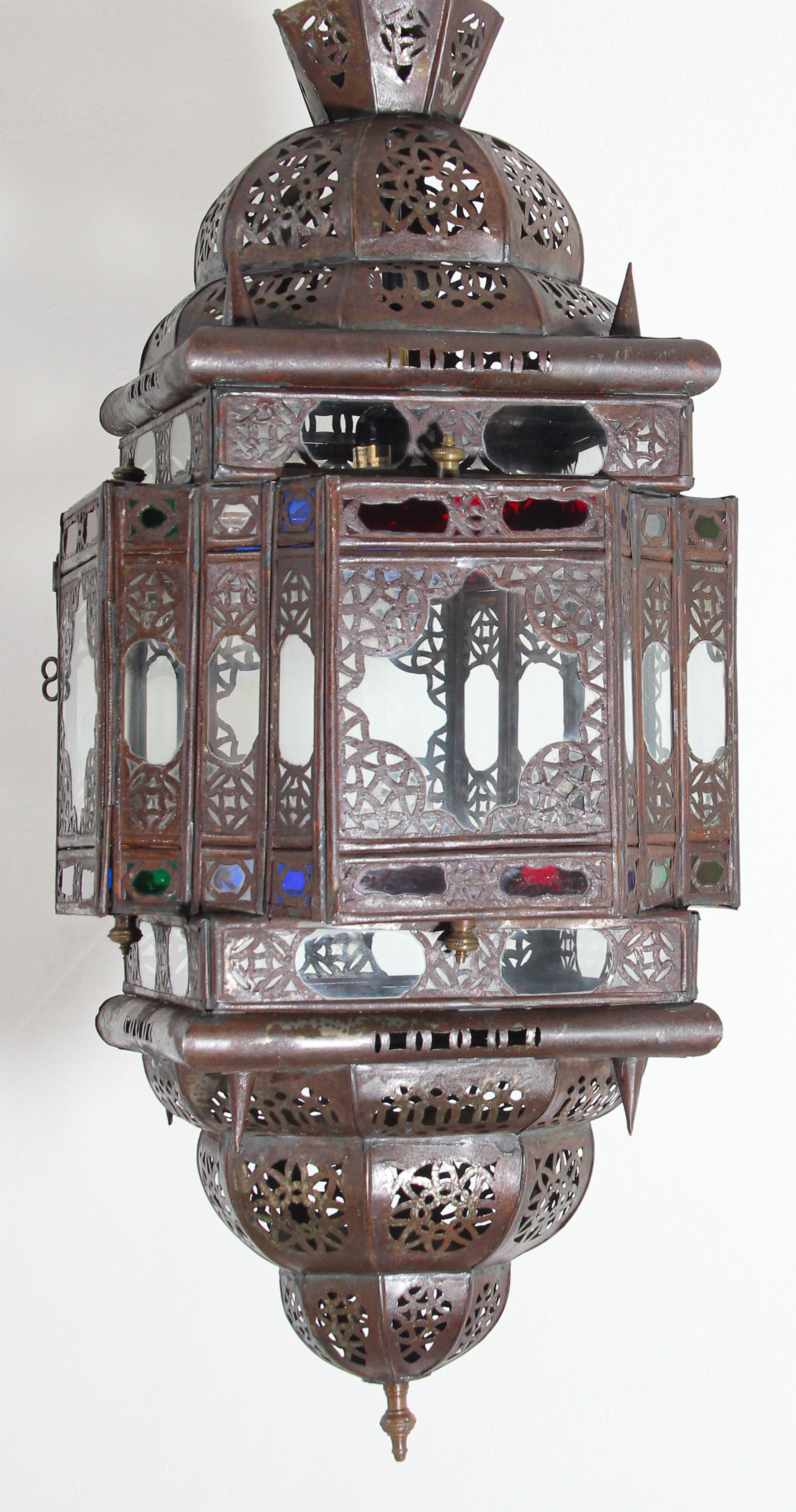 Vintage Moroccan Handcrafted Lantern Ceiling Light with Multi-Color Glass For Sale 2