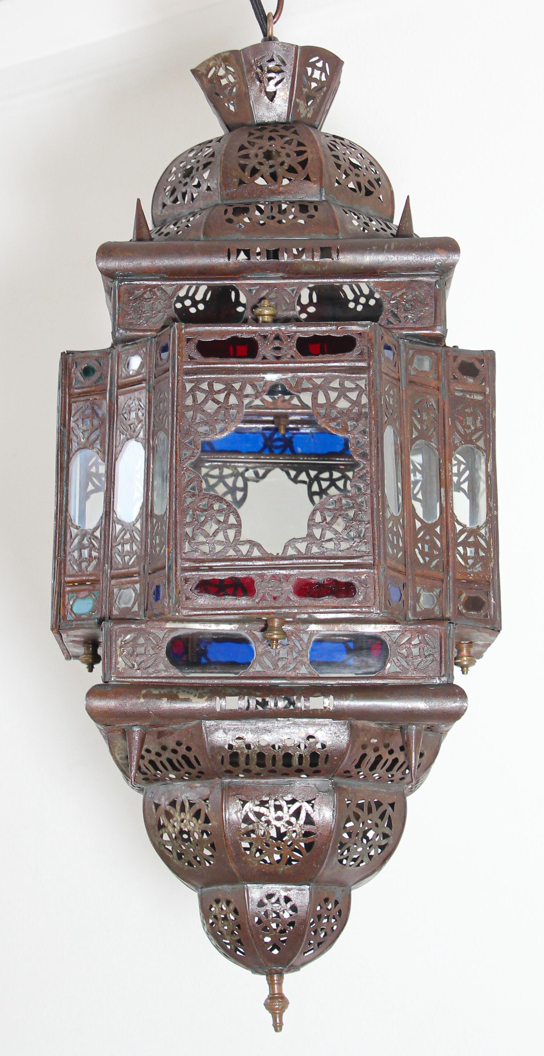 Vintage Moroccan Handcrafted Lantern Ceiling Light with Multi-Color Glass For Sale 3