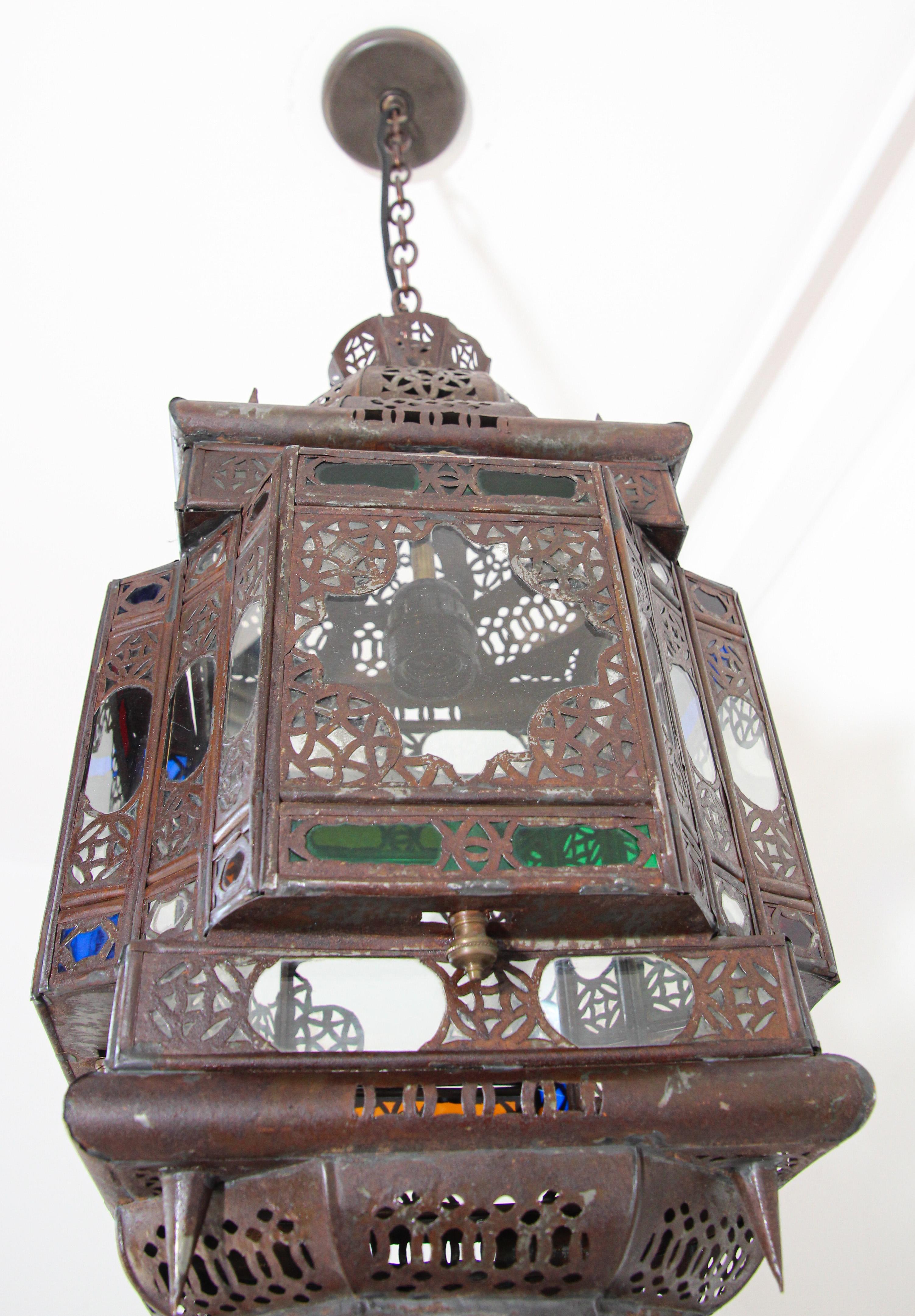 Vintage Moroccan Handcrafted Lantern Ceiling Light with Multi-Color Glass For Sale 4