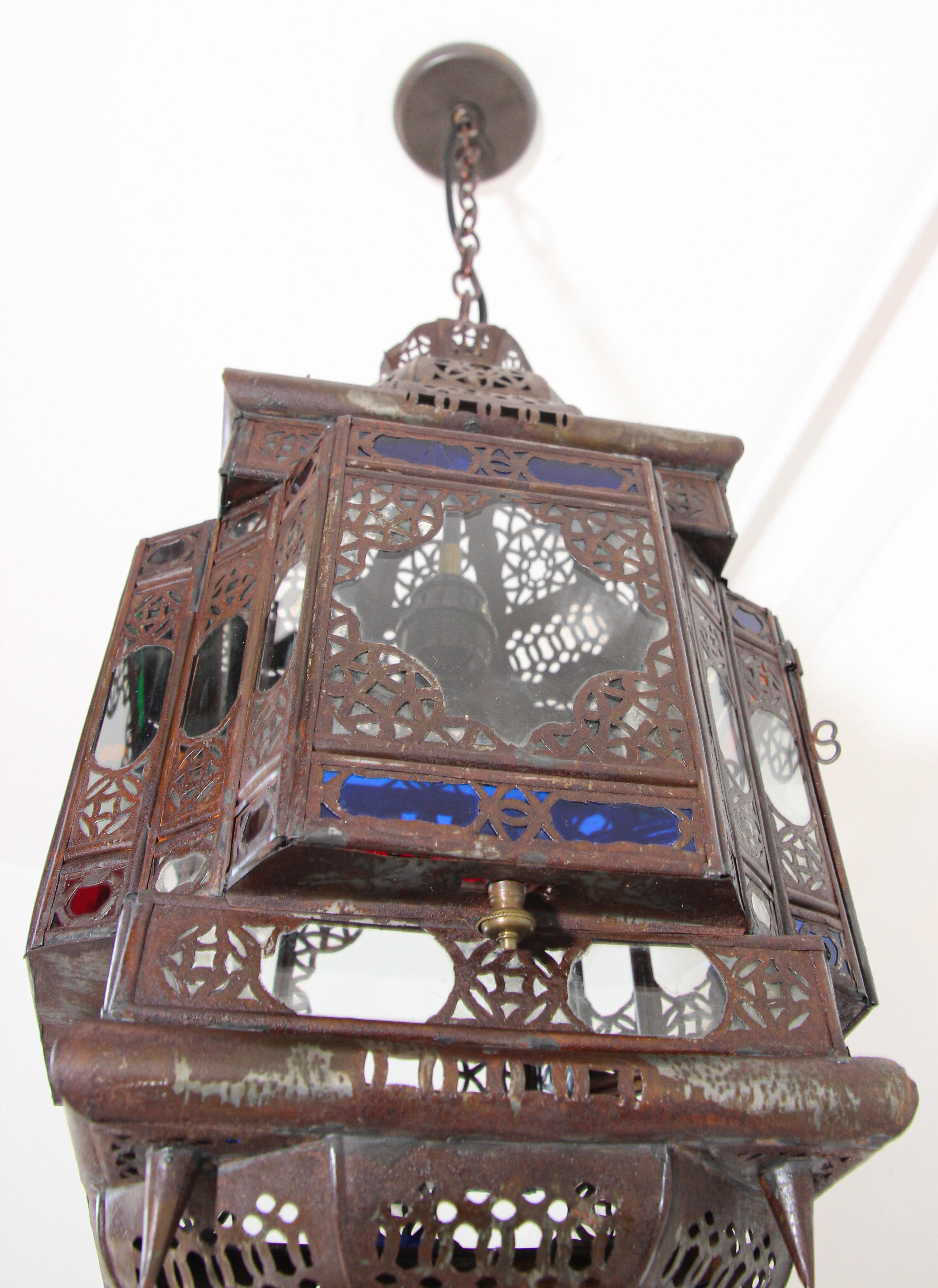 Vintage Moroccan Handcrafted Lantern Ceiling Light with Multi-Color Glass For Sale 5