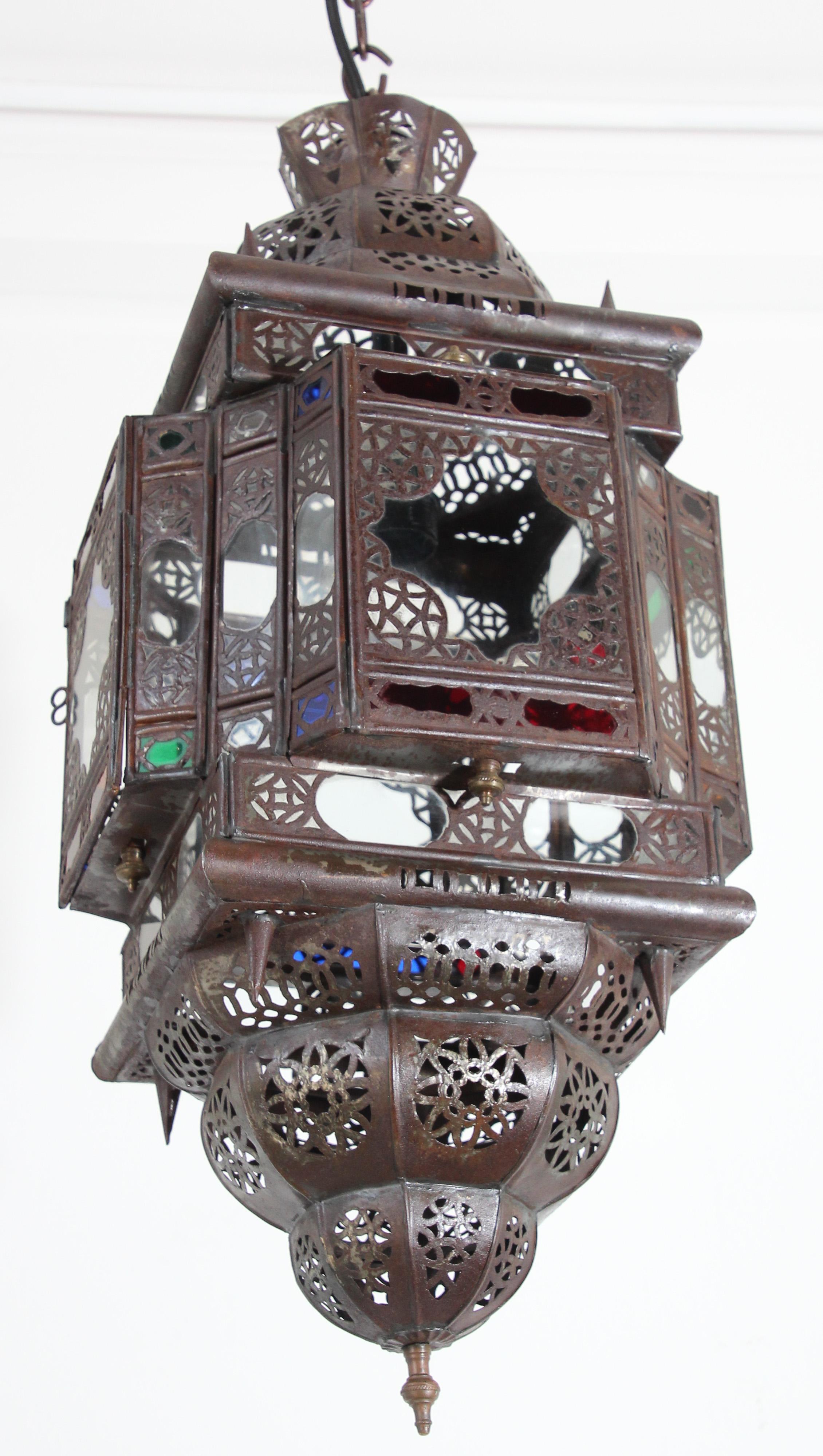 Vintage Moroccan Handcrafted Lantern Ceiling Light with Multi-Color Glass For Sale 7