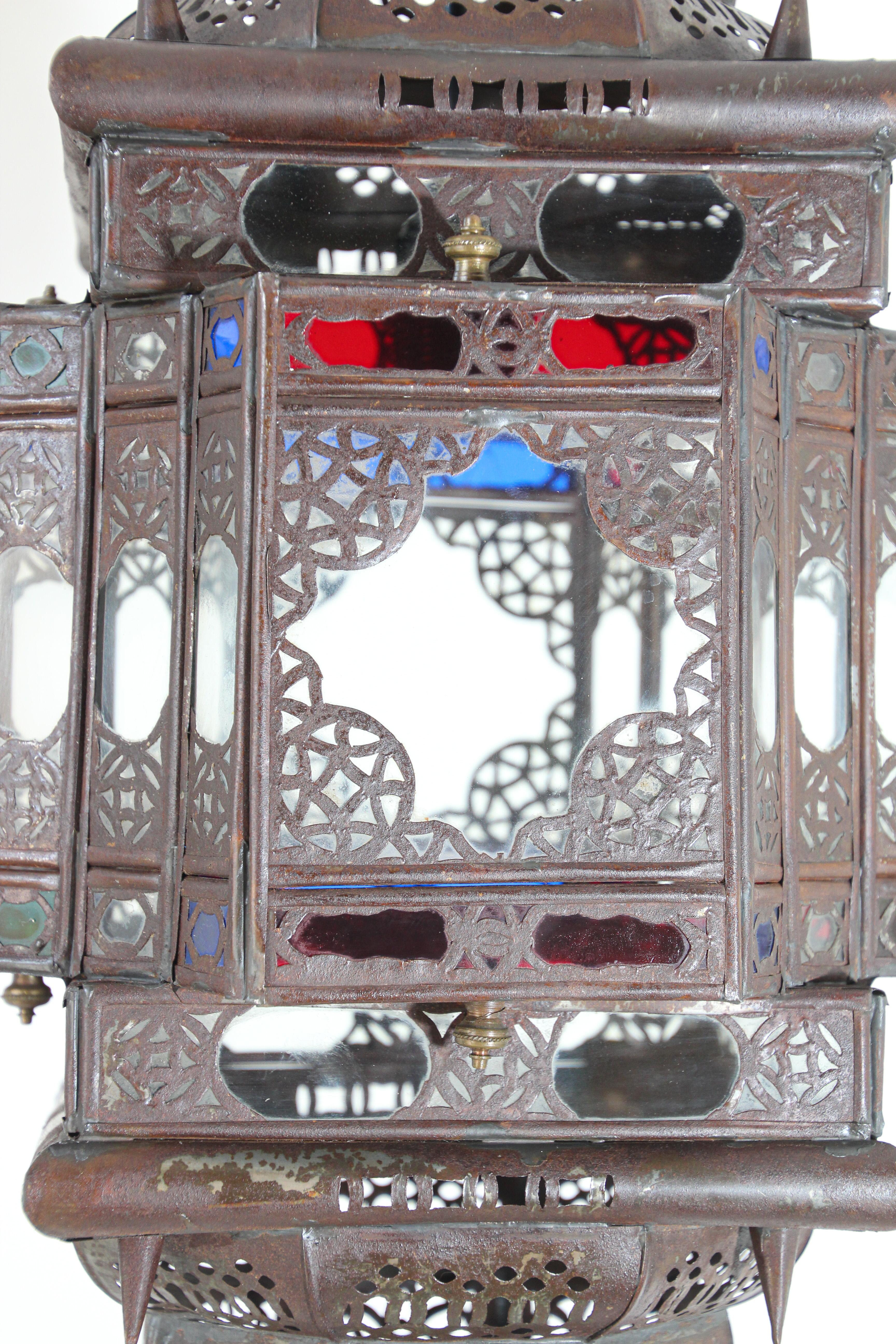 Vintage Moroccan Handcrafted Lantern Ceiling Light with Multi-Color Glass For Sale 10