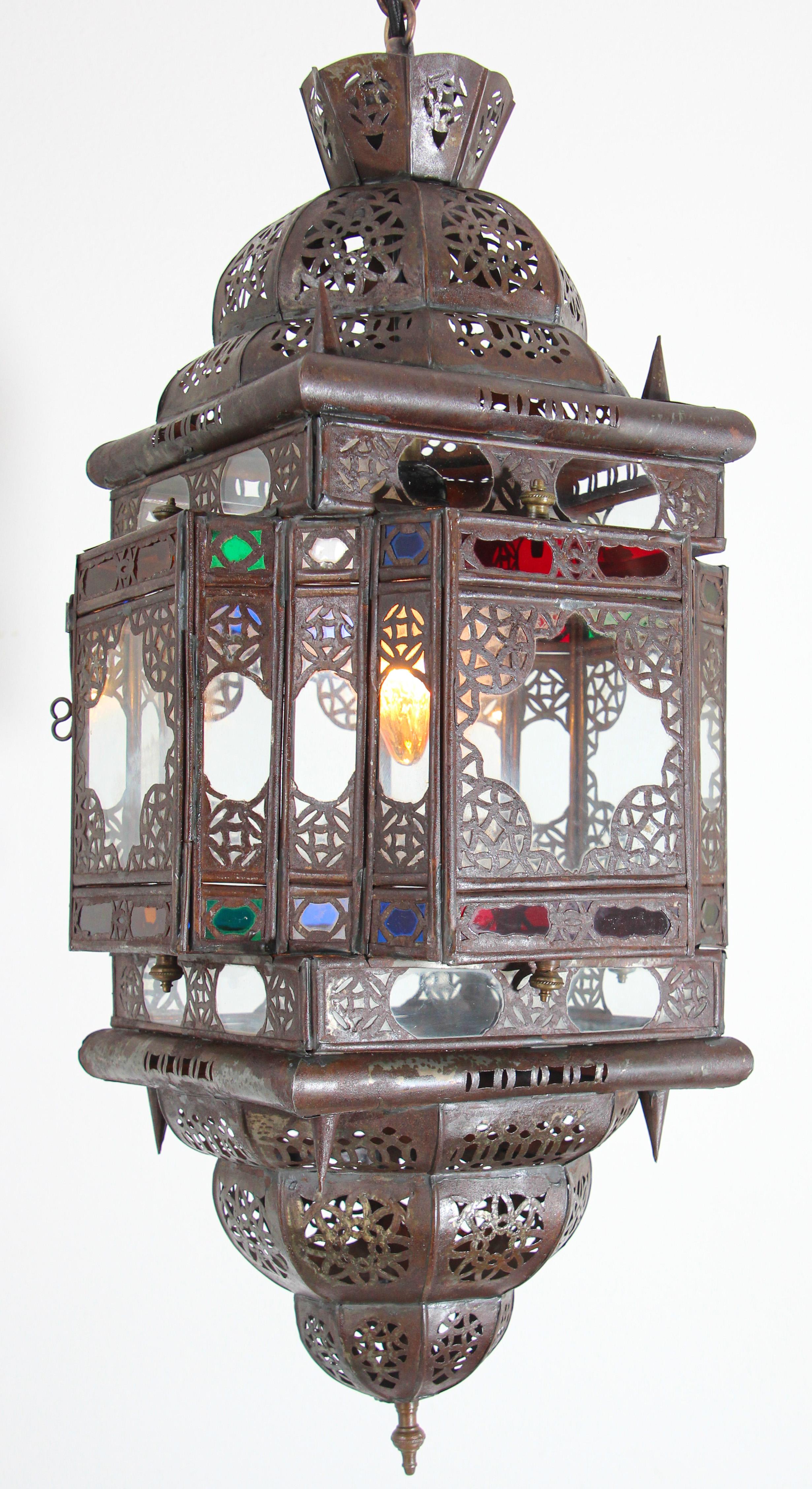 Vintage Moroccan Handcrafted Lantern Ceiling Light with Multi-Color Glass For Sale 11