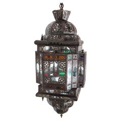 Vintage Moroccan Moorish Bronze Metal & Multicolor Glass Hanging Lantern