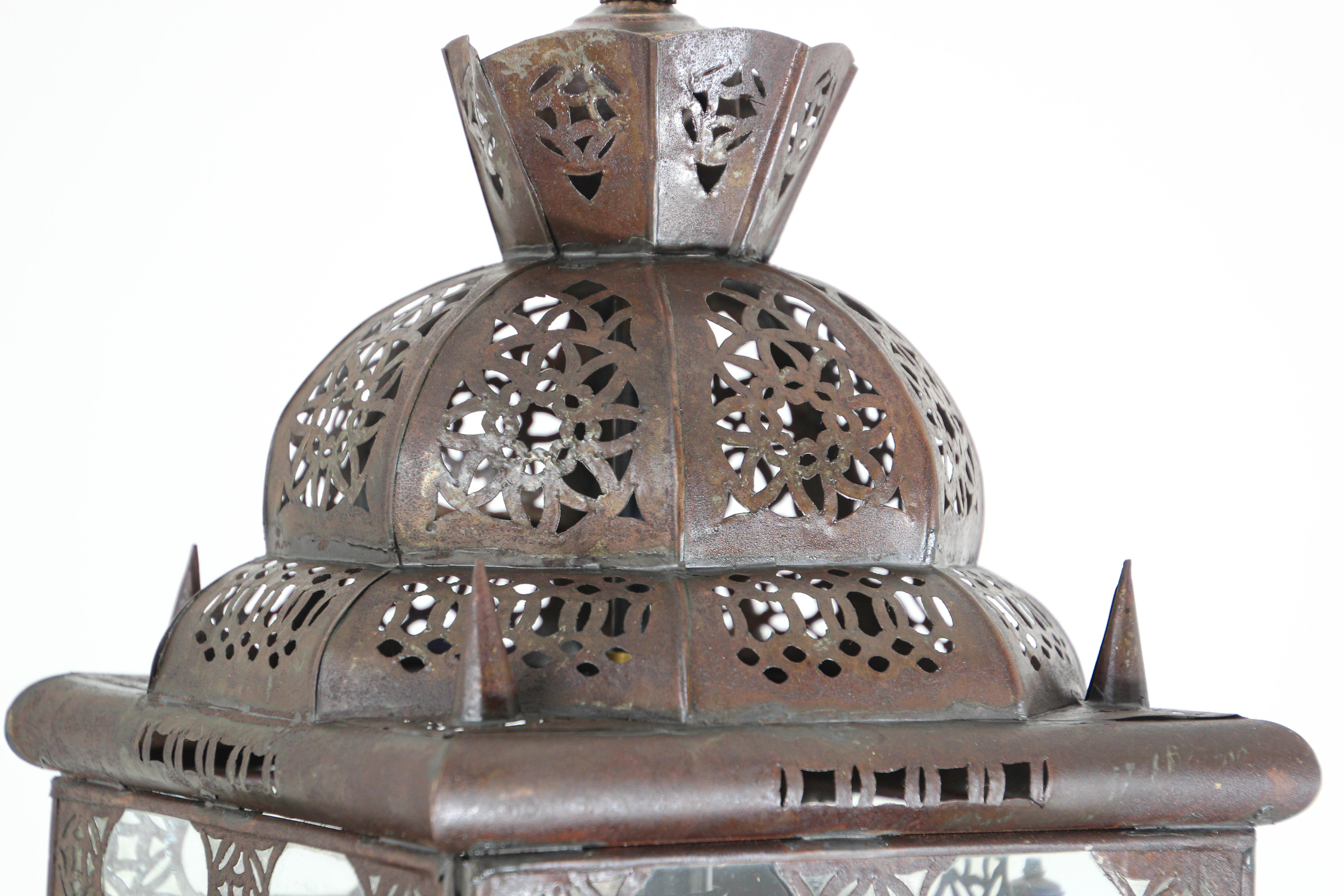 Moorish Vintage Moroccan Handcrafted Lantern Ceiling Light with Multi-Color Glass For Sale