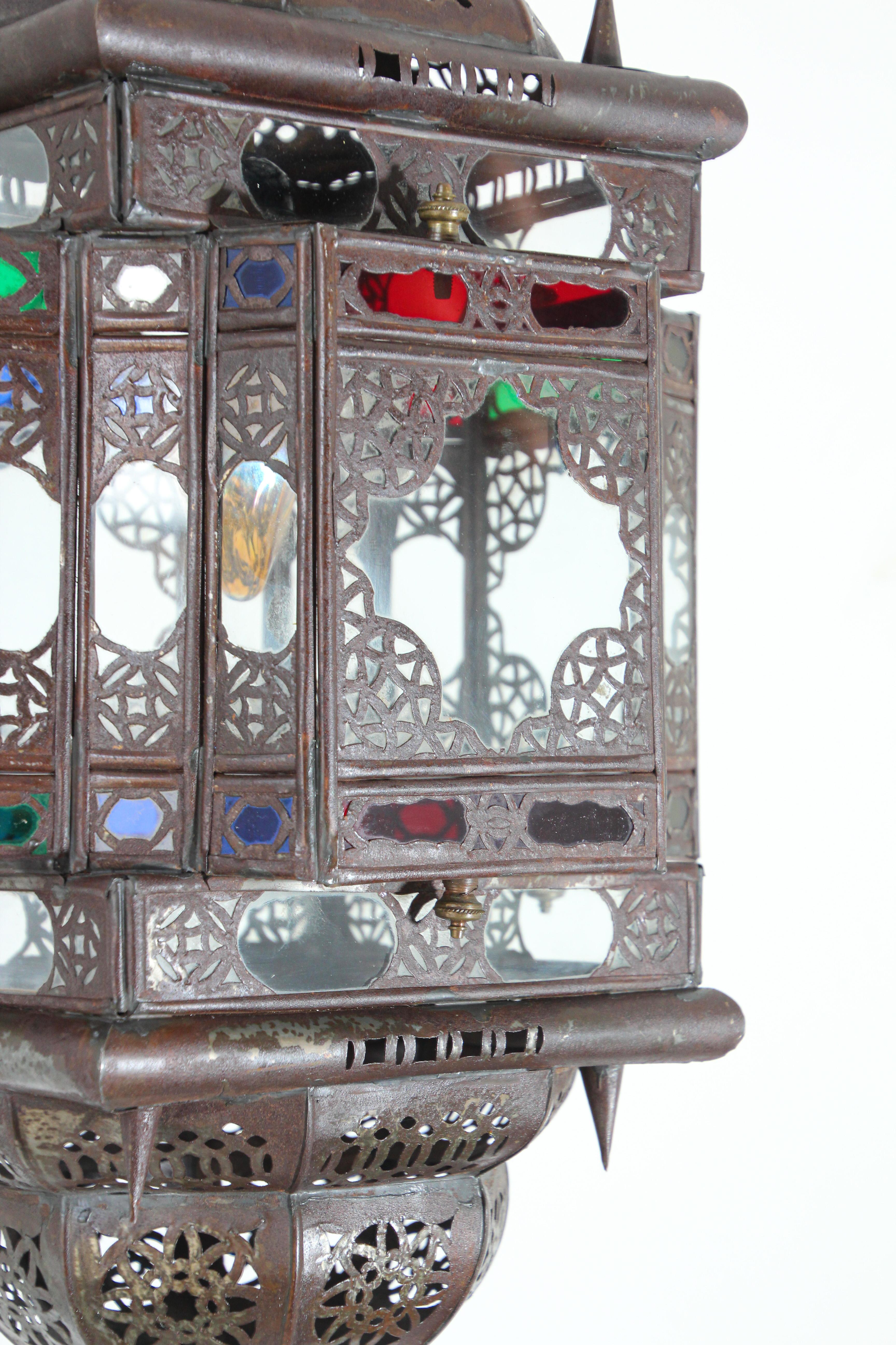 Hammered Vintage Moroccan Handcrafted Lantern Ceiling Light with Multi-Color Glass For Sale