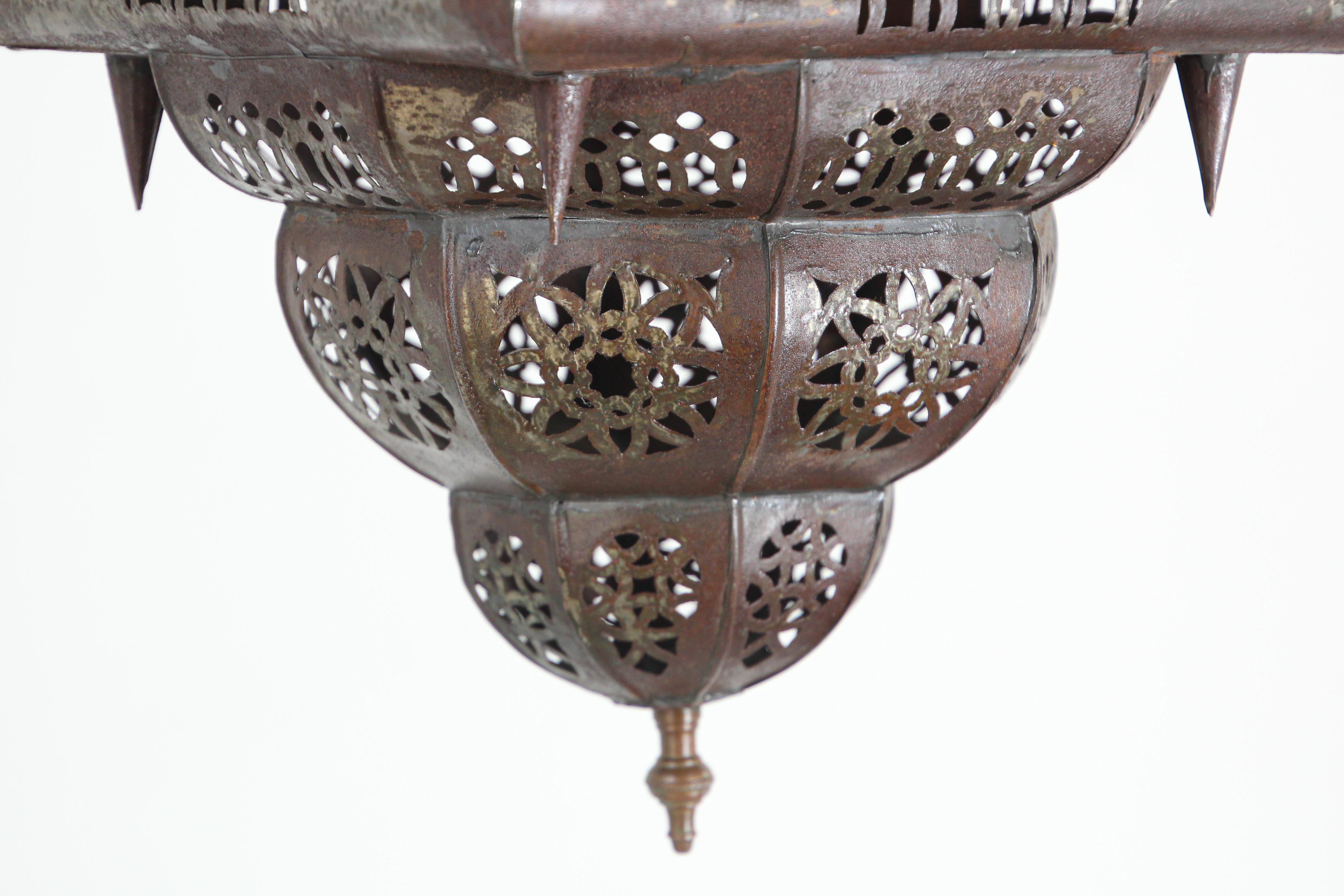 Vintage Moroccan Handcrafted Lantern Ceiling Light with Multi-Color Glass In Good Condition For Sale In North Hollywood, CA
