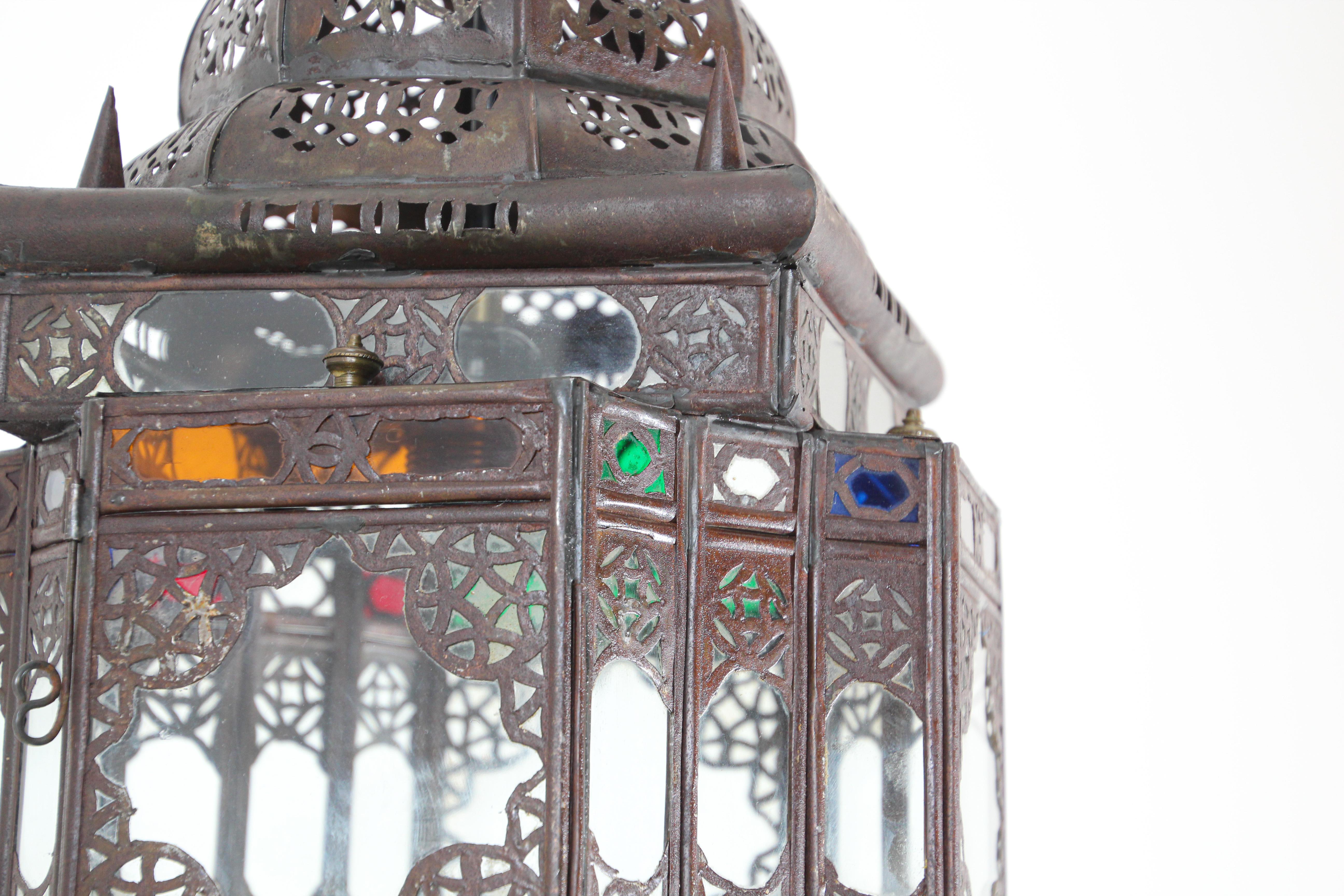 20th Century Vintage Moroccan Handcrafted Lantern Ceiling Light with Multi-Color Glass For Sale