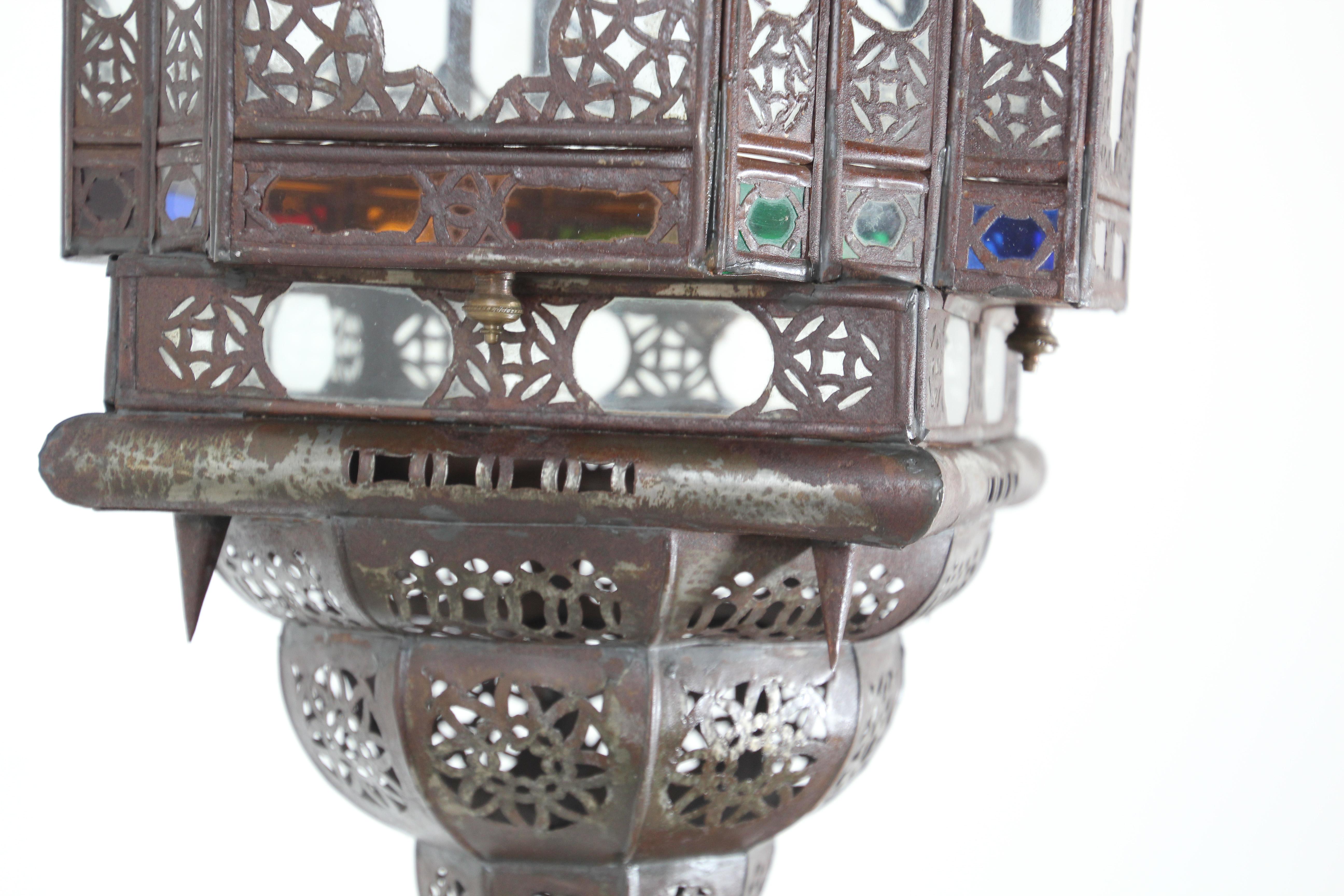 Art Glass Vintage Moroccan Handcrafted Lantern Ceiling Light with Multi-Color Glass For Sale