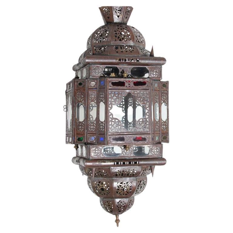 Vintage Moroccan Handcrafted Lantern Ceiling Light with Multi-Color Glass For Sale