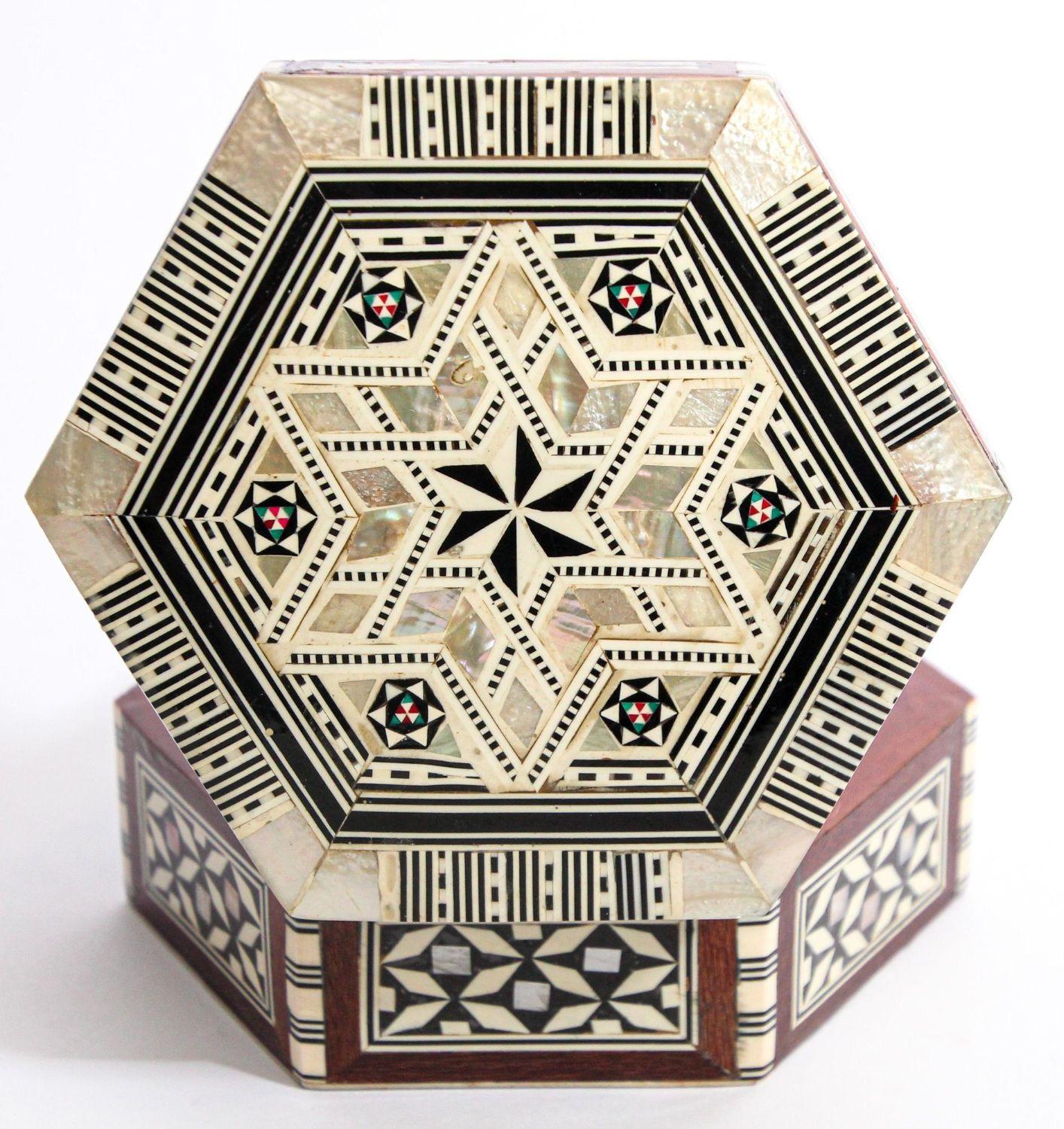 20th Century Moorish Handcrafted Hexagonal Box With Mosaic Inlaid