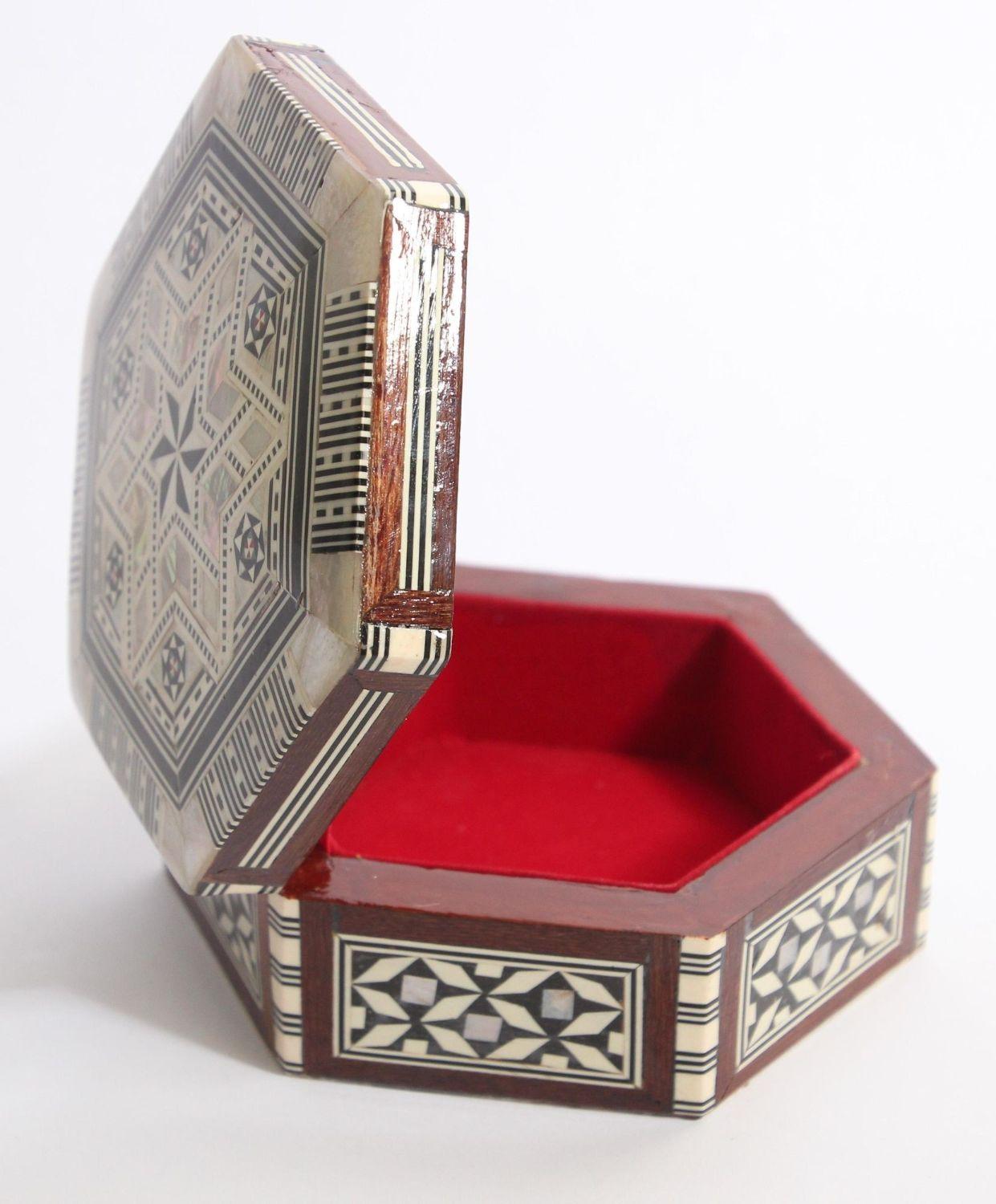 Fruitwood Moorish Handcrafted Hexagonal Box With Mosaic Inlaid