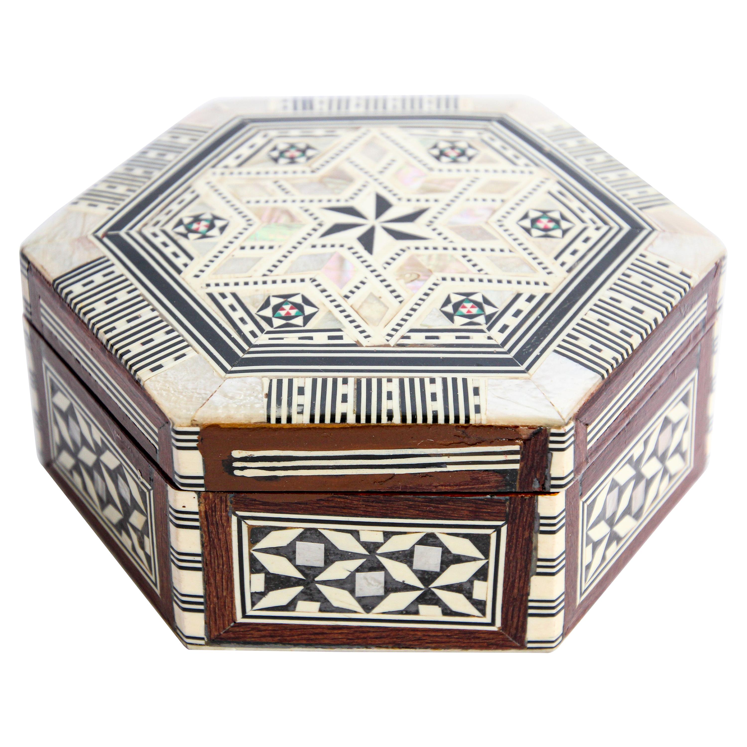 Moorish Handcrafted Octagonal Box with White Mosaic Marquetry
