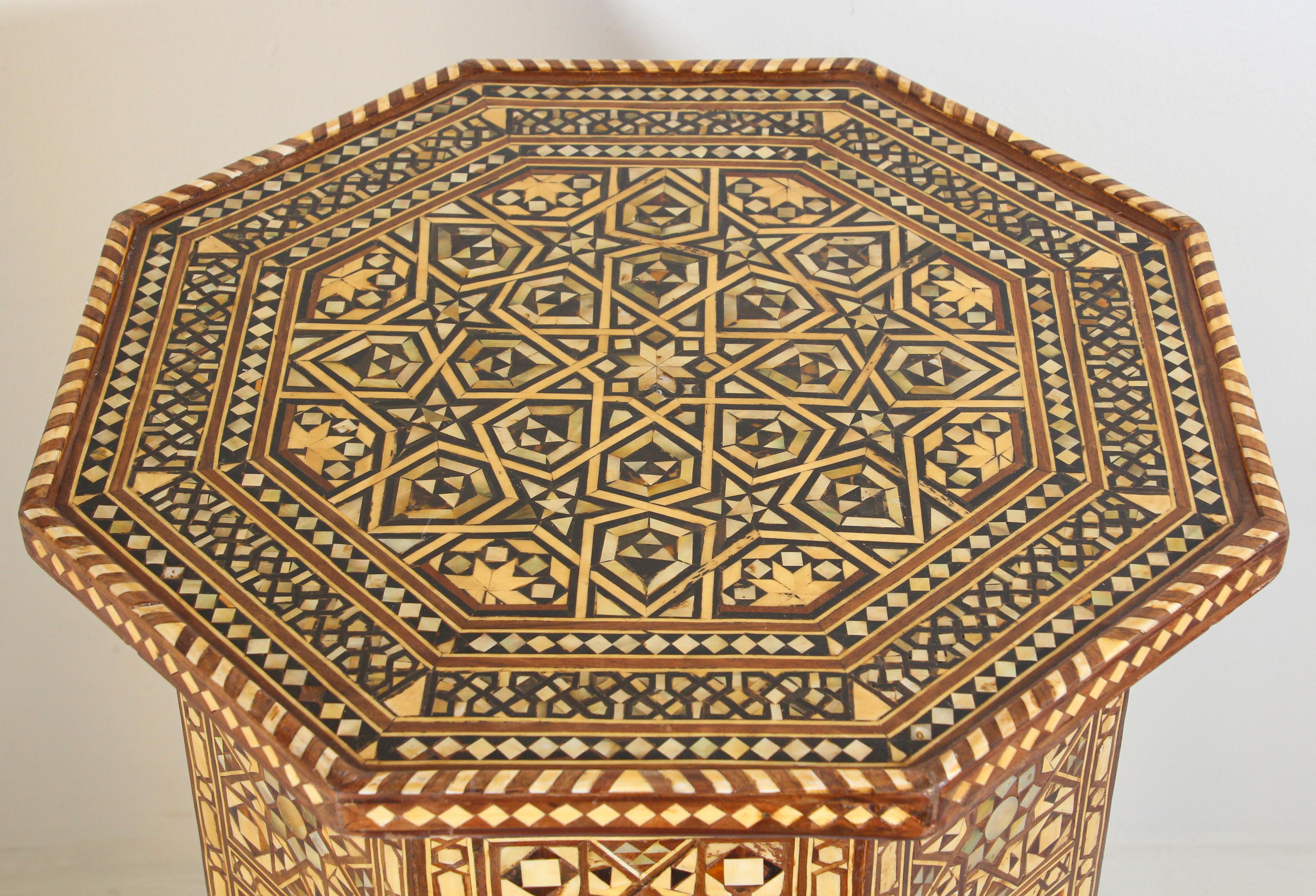 Fruitwood Moorish Handcrafted Octagonal Pedestal Table Inlaid with Mosaic Marquetry For Sale