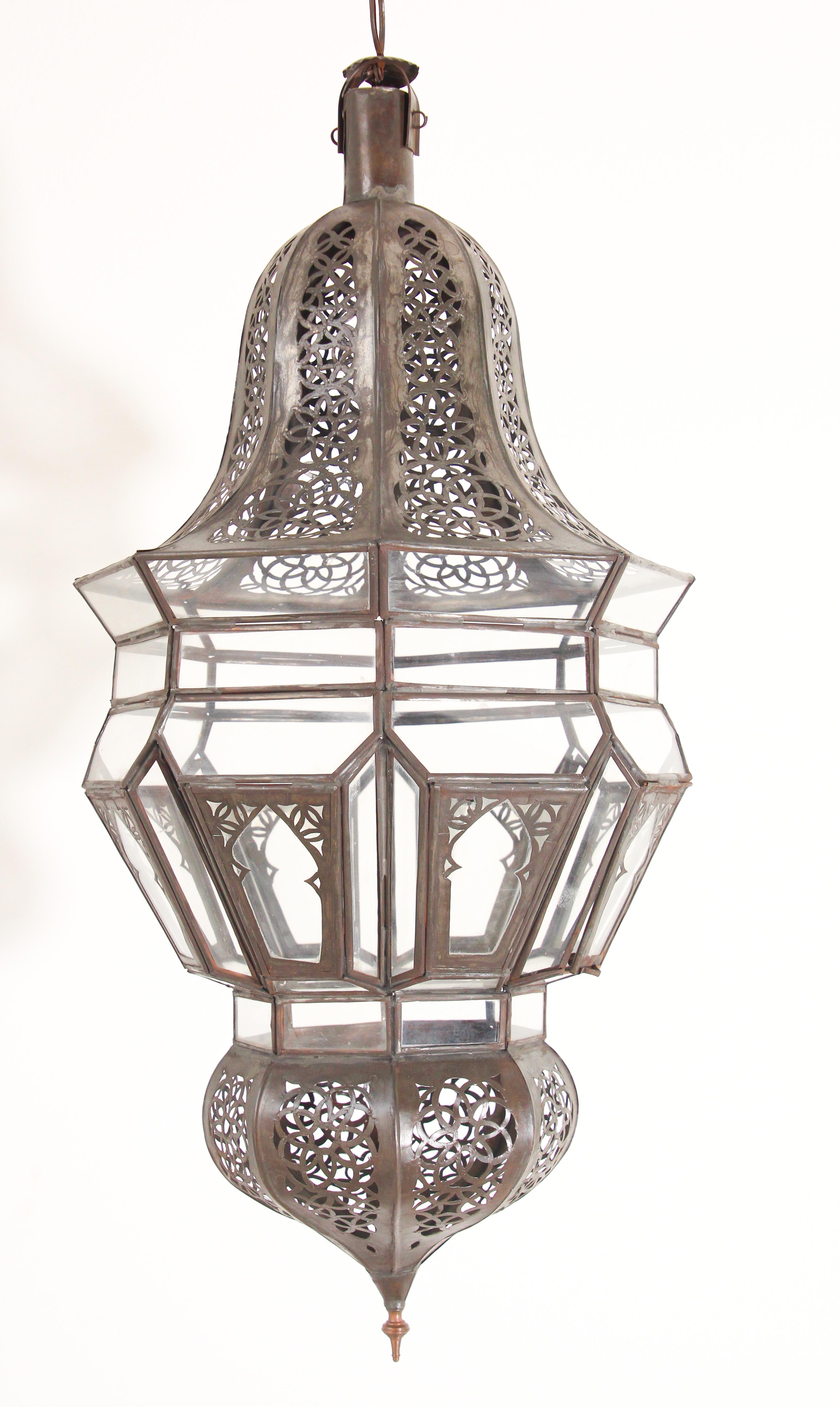 Hand-Crafted Moroccan Hanging Glass Lantern For Sale