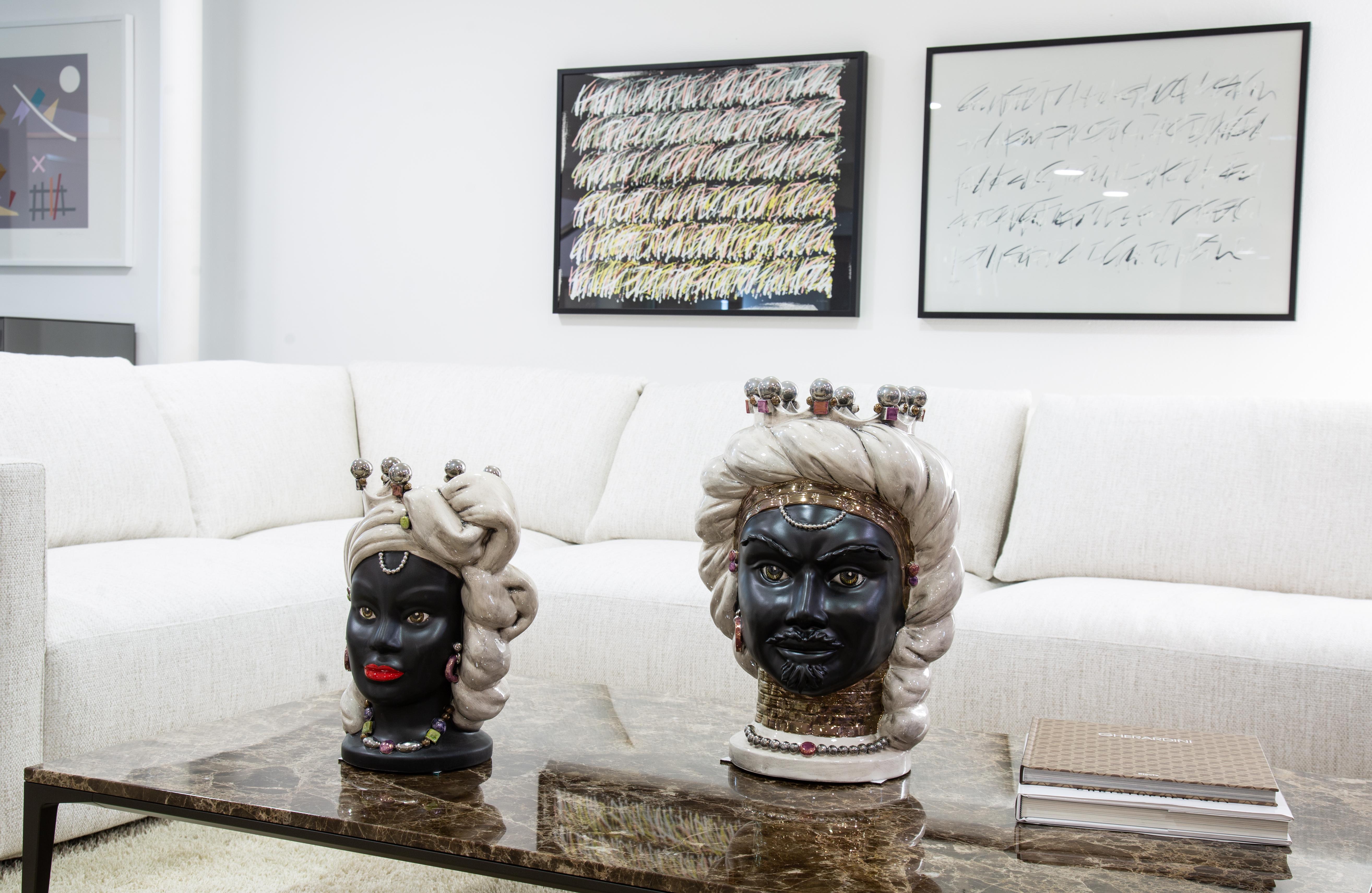 Italian Moorish Head, Handmade Sicily, Vase, Size L, Colorful, Metallized Finishing E23 For Sale