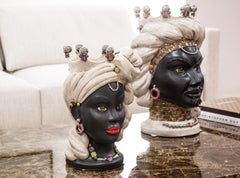 Moorish Head, Handmade Sicily, Vase, Size M, Colorful, Metallized Finishing E23