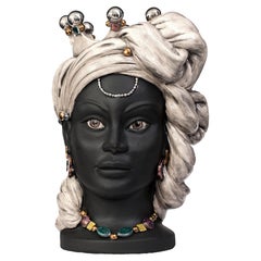 Maurischer Kopf, handgefertigt aus Sizilien, Vase, Größe M, farbenfroh, Metallisierte Oberfläche E23