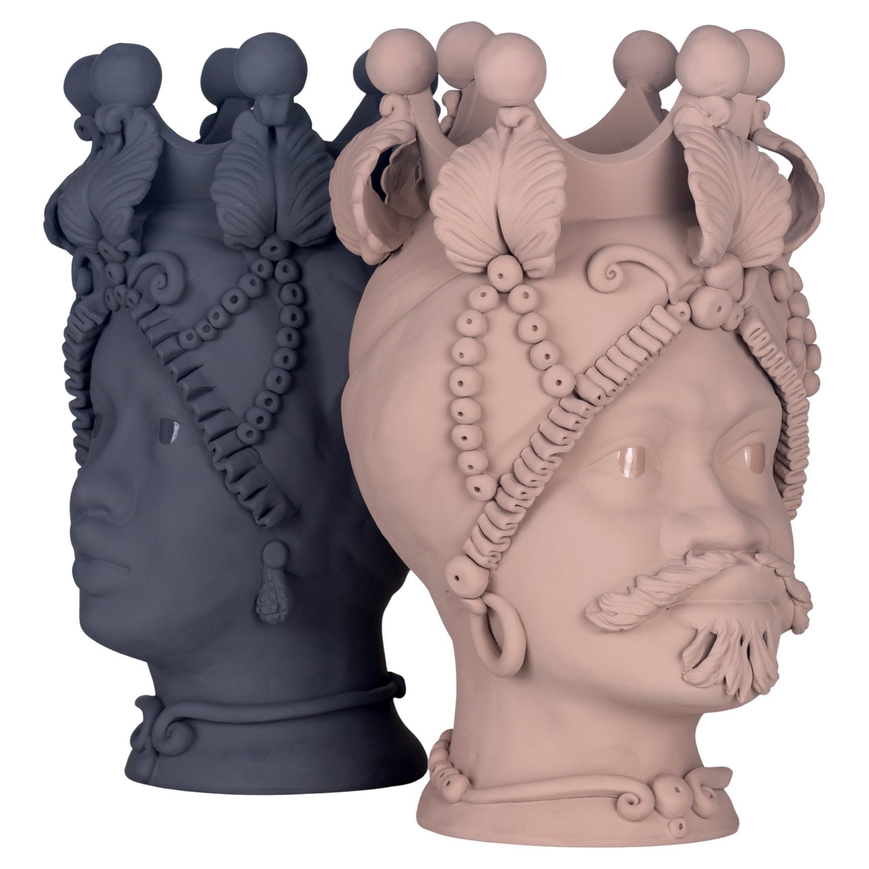 Moorish Head Matt Vases Collection "Carini", Set of 2 Pieces, Handmade in Italy For Sale