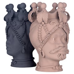 Moorish Head Matt Vases Collection "Carini", Set of 2 Pieces, Handmade in Italy