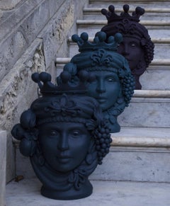 Moorish Heads Vases Collection "Catania Green", Set of 3, Handmade in Italy