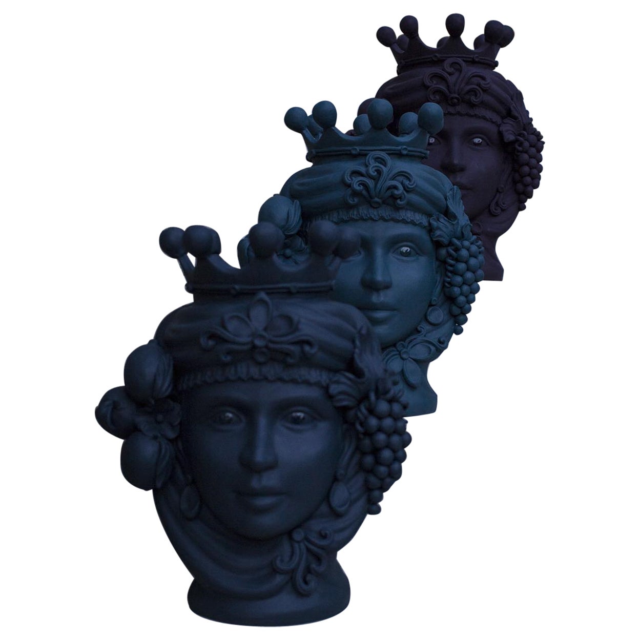 Moorish Heads Vases Collection "Catania Green", Set of 3, Handmade in Italy