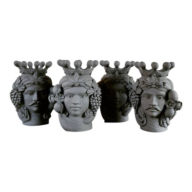 Moorish Heads Vases Collection "Cool Grey", Set of 4 Pieces, Handmade in Italy For Sale