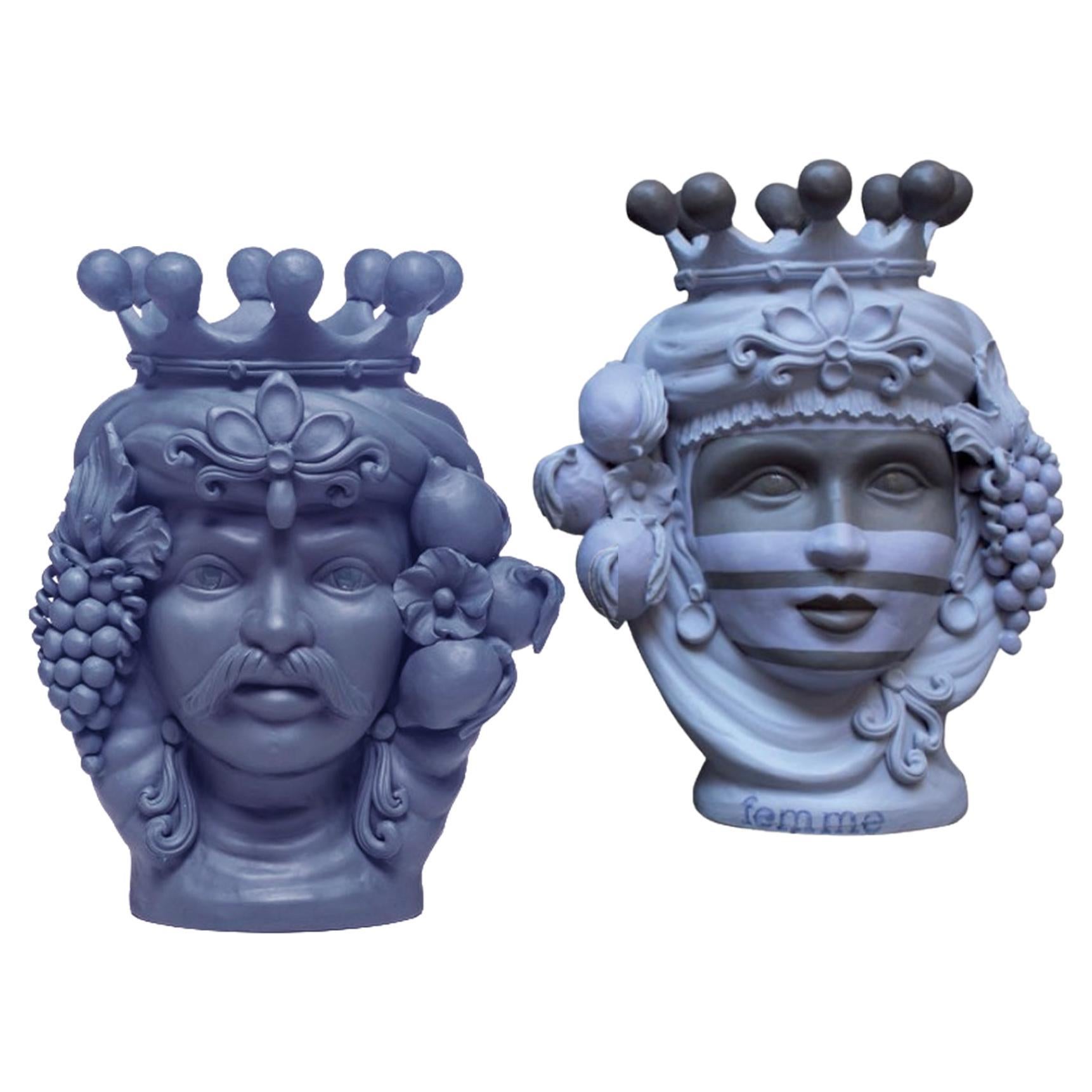Collection de vases à têtes mauresques "Palermo décor", lot de 2, fait à la main en Italie