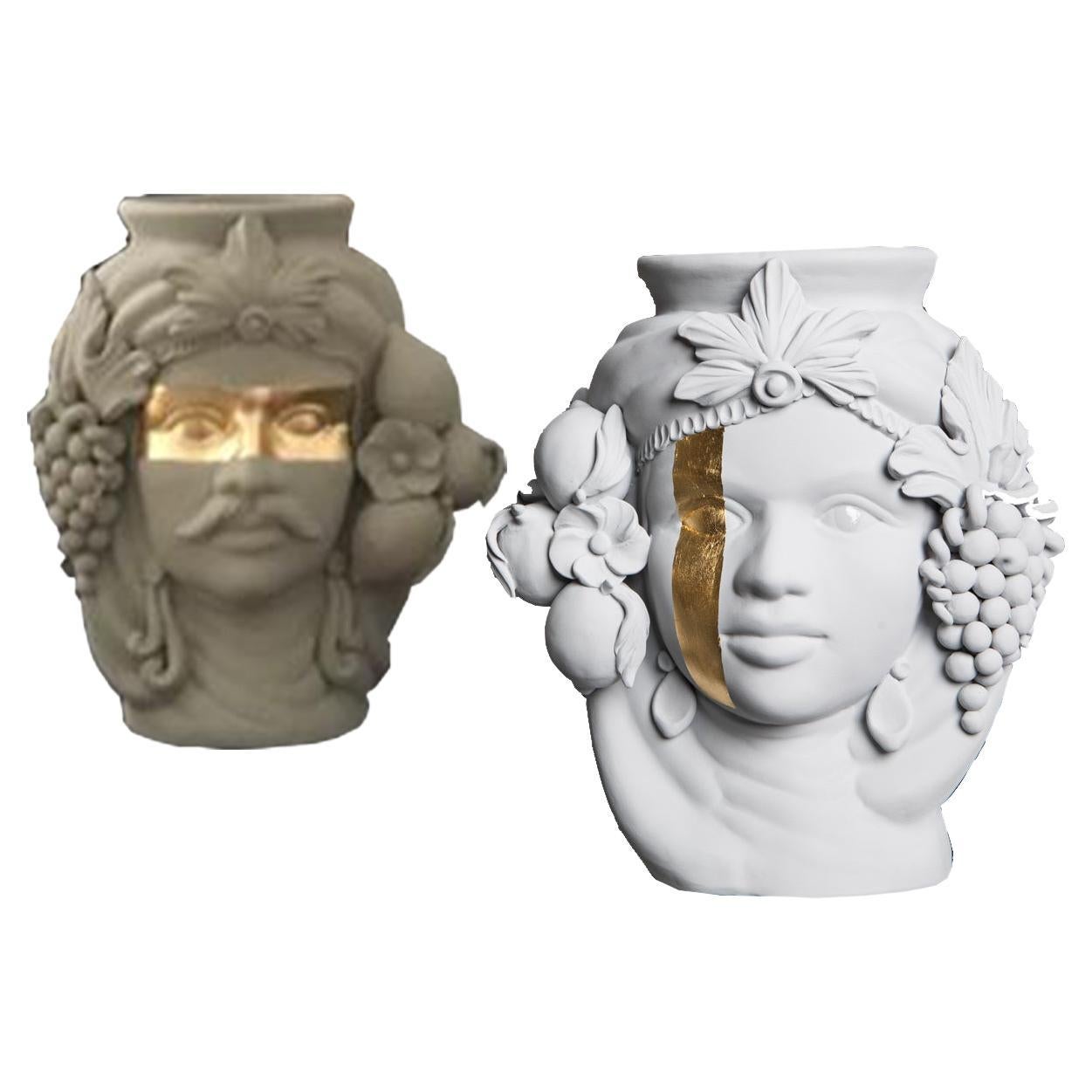 Moorish Heads Vases Collection "Palermo White", Set of 2, Handmade in Italy For Sale