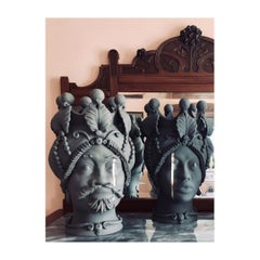 Moorish Heads Vases Collection "Sciacca", Set of 2 Pieces, Handmade in Italy