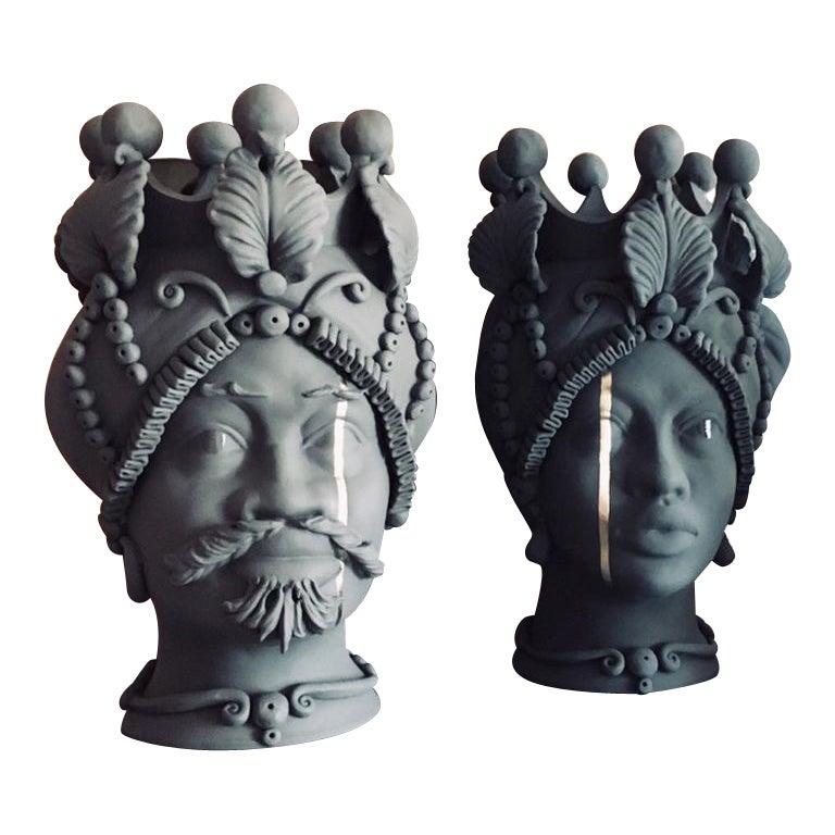 Collection de vases à têtes mauresques "Sciacca", ensemble de 2 pièces, fabriqués à la main en Italie