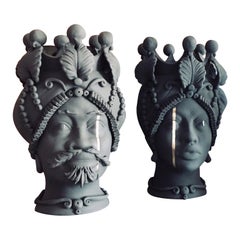Collection de vases à têtes mauresques "Sciacca", ensemble de 2 pièces, fabriqués à la main en Italie