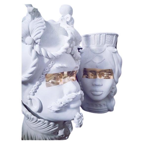 Moorish Heads Vases Collection "Sciacca White", Set of 2, Handmade in Italy For Sale