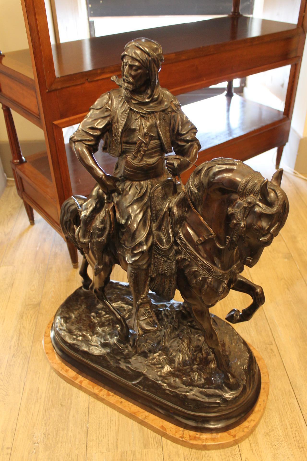 Bronzed Moorish horseman bronze, return from the hunt, Signed Barge Fils For Sale