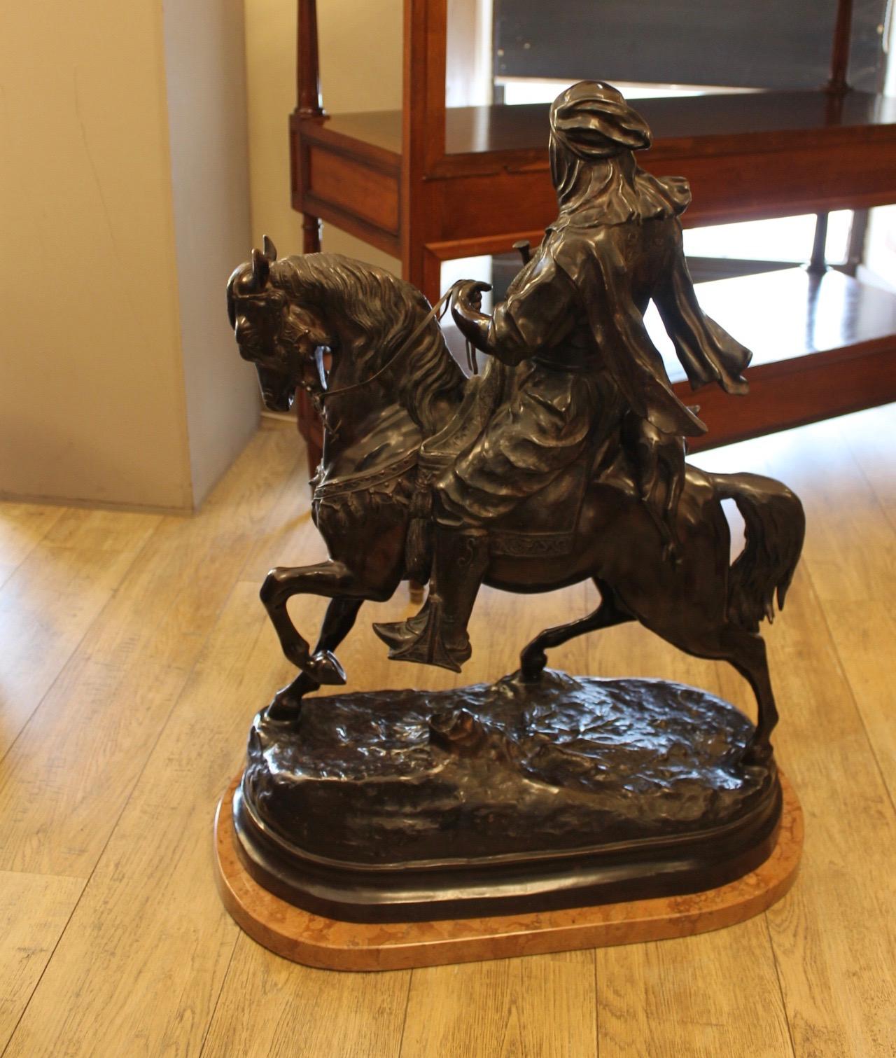 Moorish horseman bronze, return from the hunt, Signed Barge Fils In Good Condition For Sale In Nice, FR