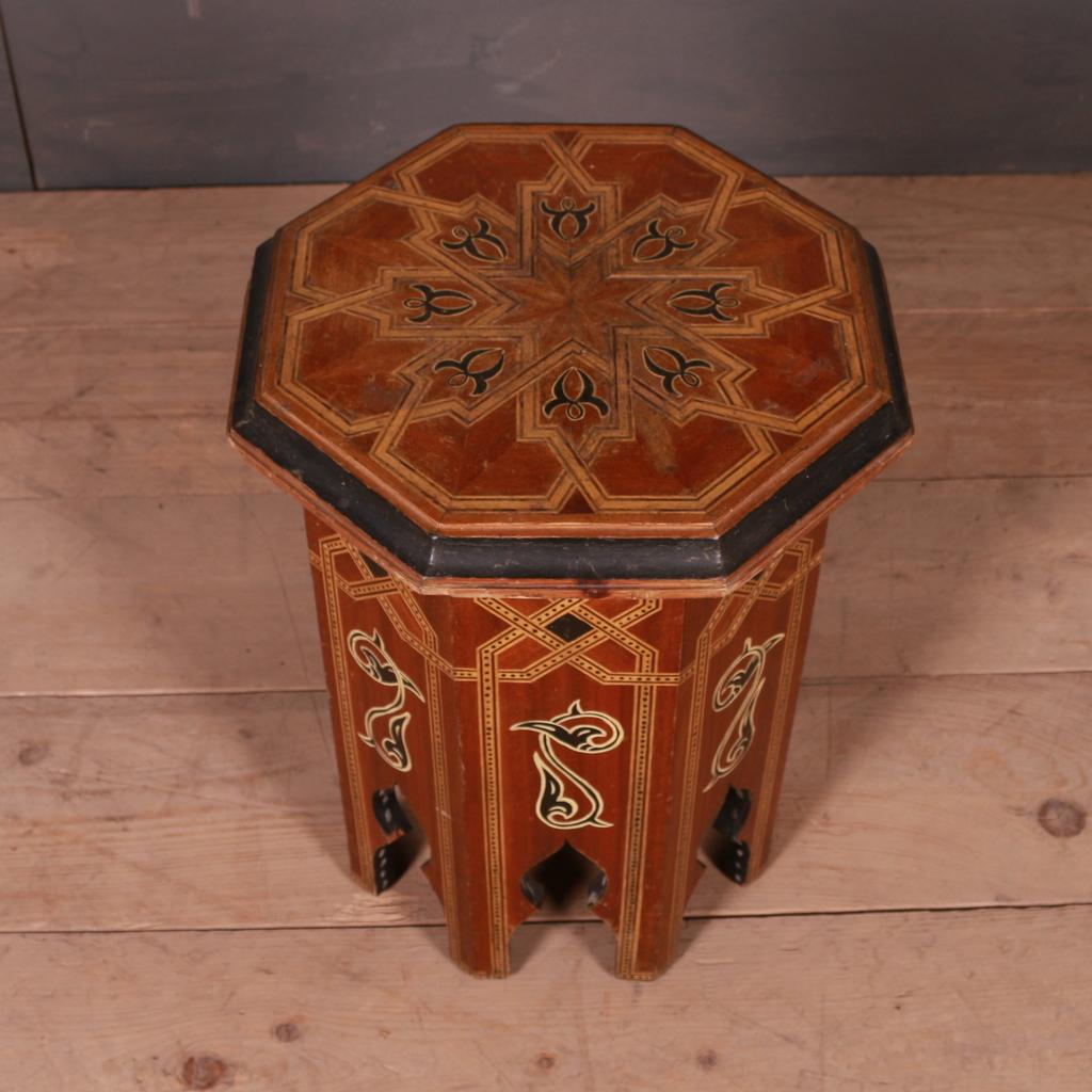 Late 19th C Moorish inlaid lamp table, 1890.

Dimensions:
20.5 inches (52 cms) high
15.5 inches (39 cms) diameter.