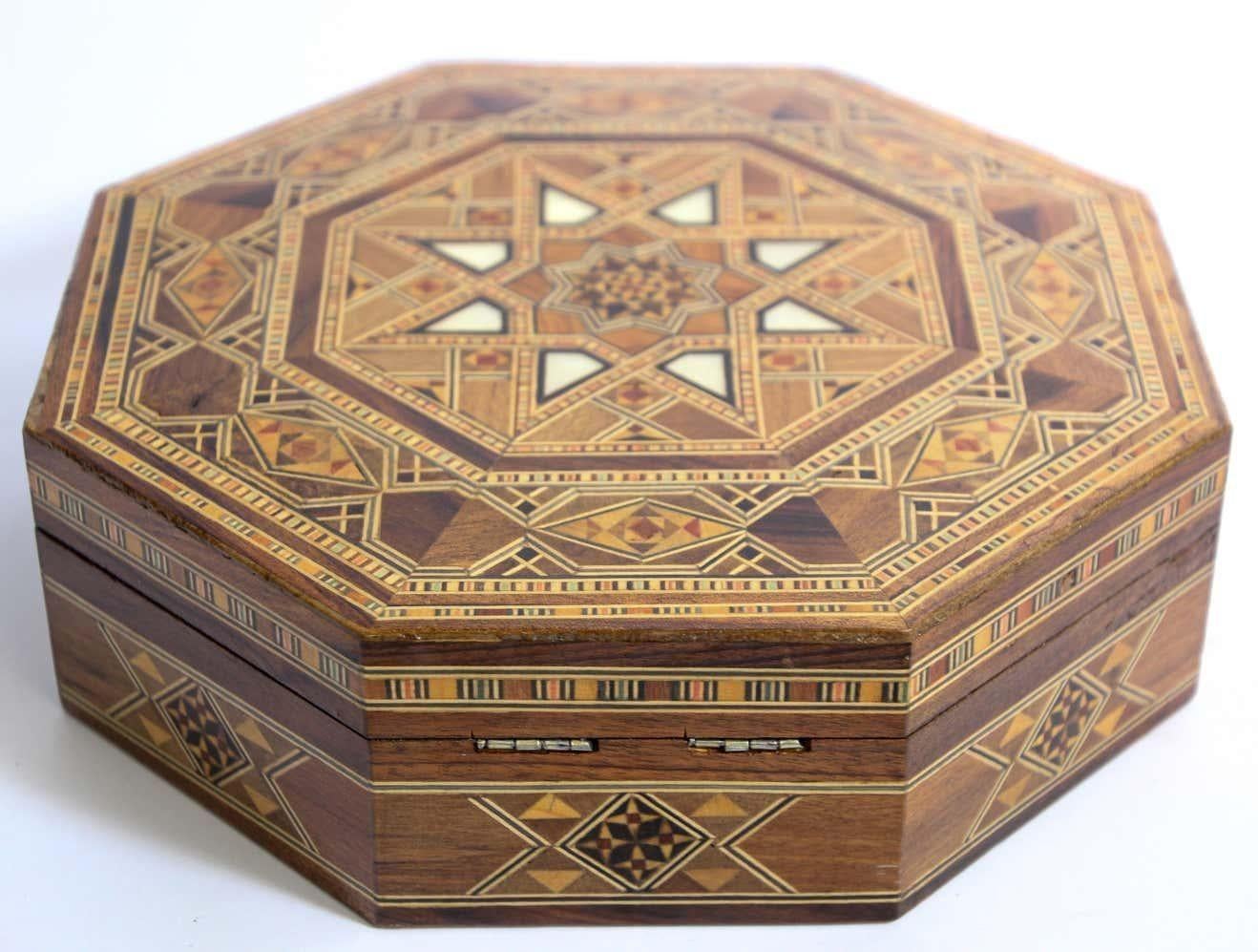 Hand-Crafted Moorish Inlaid Marquetry Mosaic Octagonal Jewelry Box