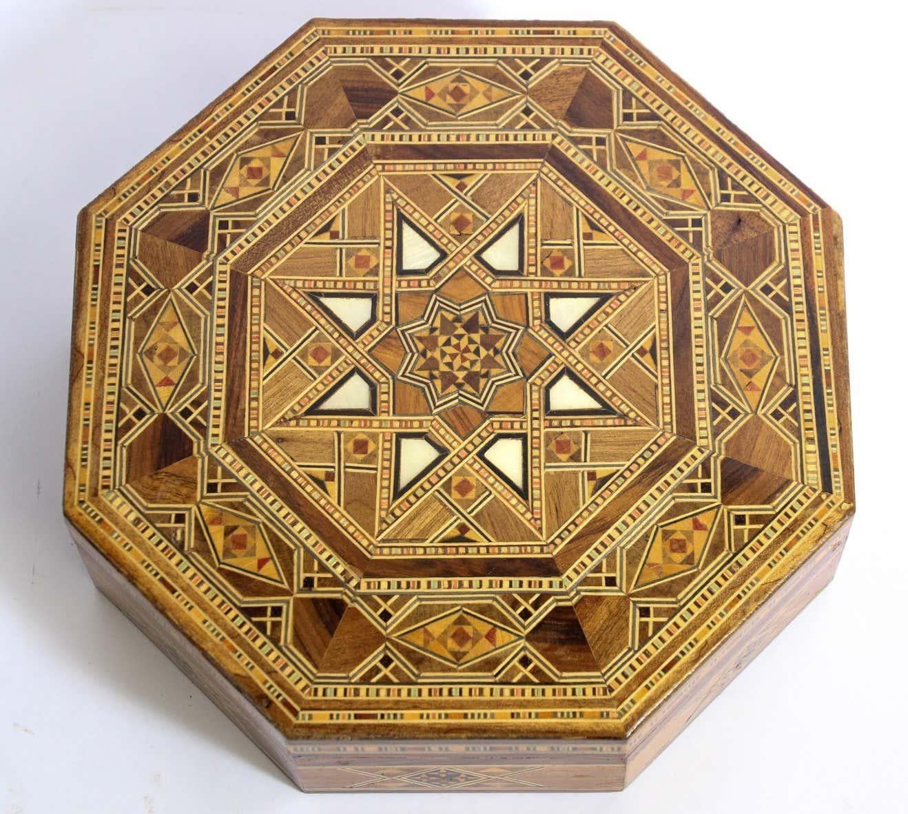 Fruitwood Moorish Inlaid Marquetry Mosaic Octagonal Jewelry Box