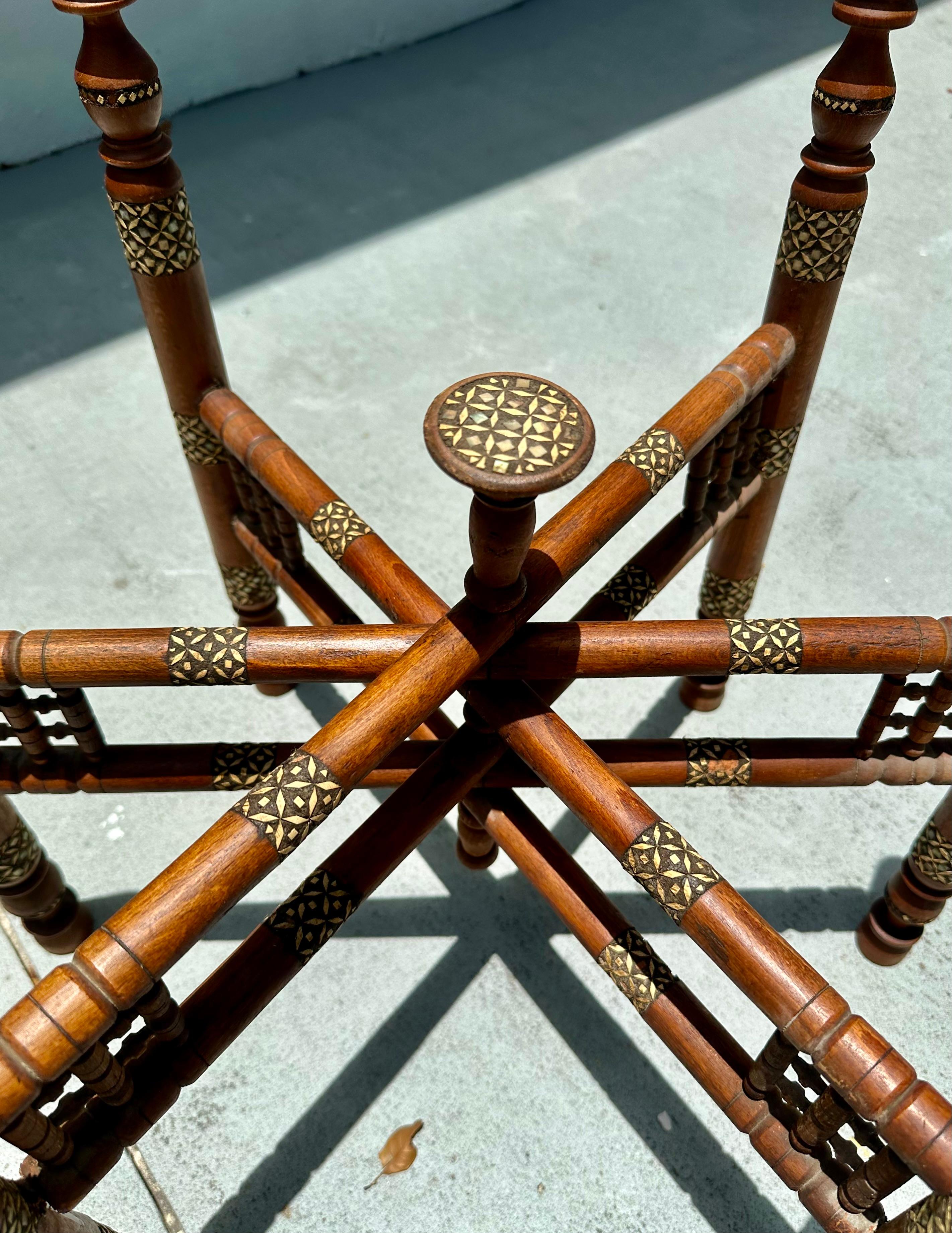 Moorish Inlaid Six-Legged Folding Side Table and Brass Tray Top. For Sale 4