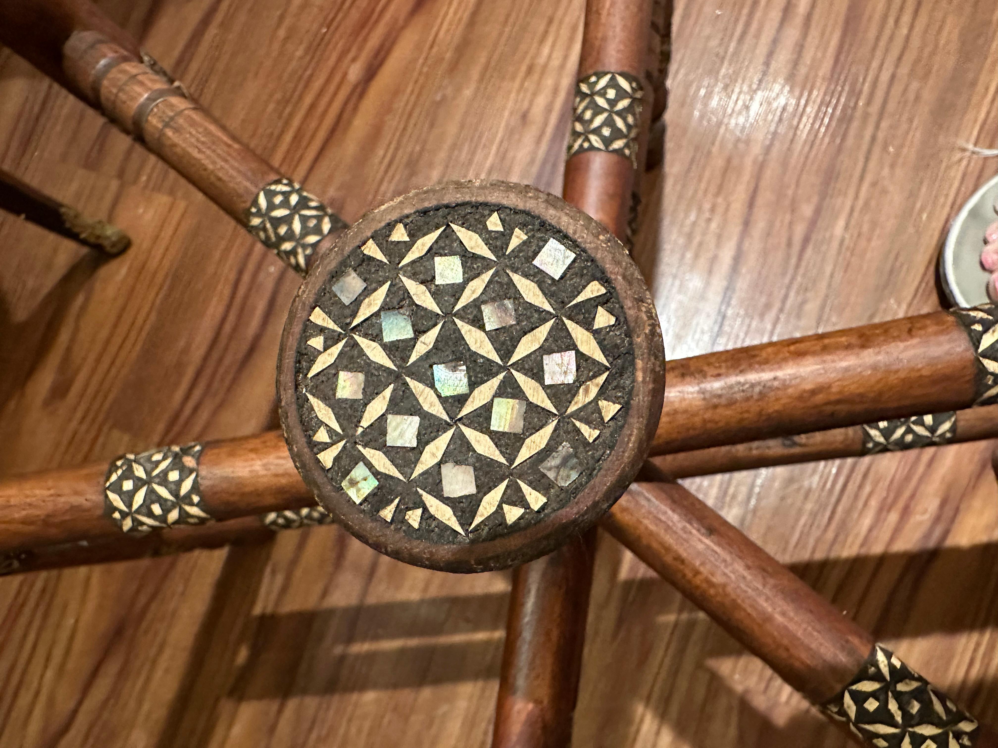 Moorish Inlaid Six-Legged Folding Side Table and Brass Tray Top. For Sale 5