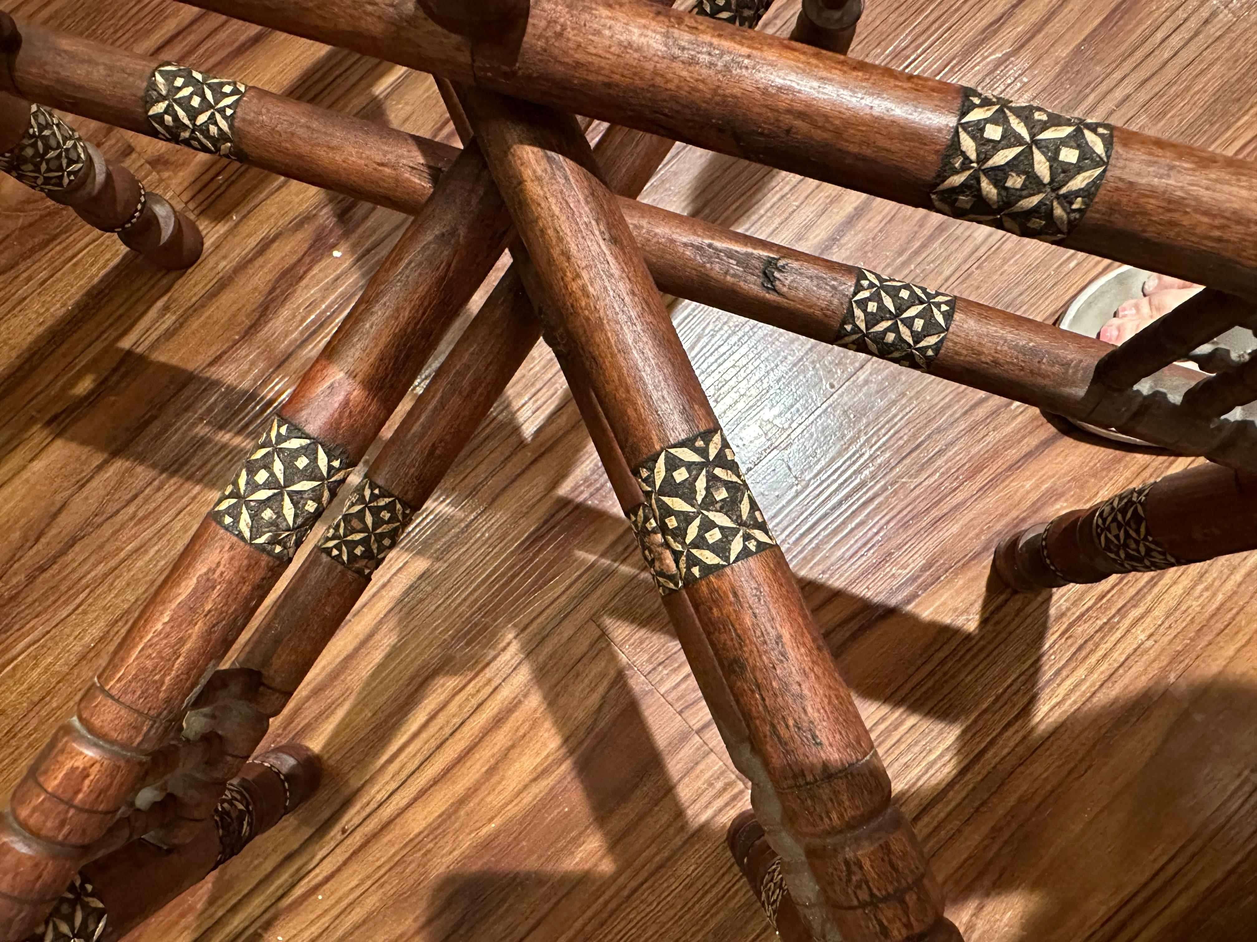 Moorish Inlaid Six-Legged Folding Side Table and Brass Tray Top. For Sale 7