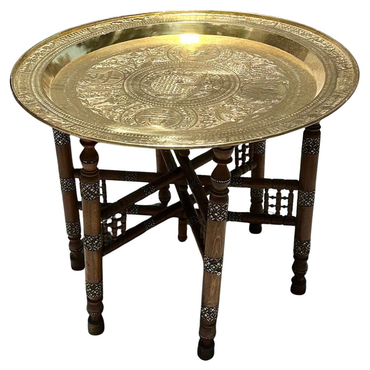 Moroccan Moorish Inlaid Six-Legged Folding Side Table and Brass Tray Top. For Sale