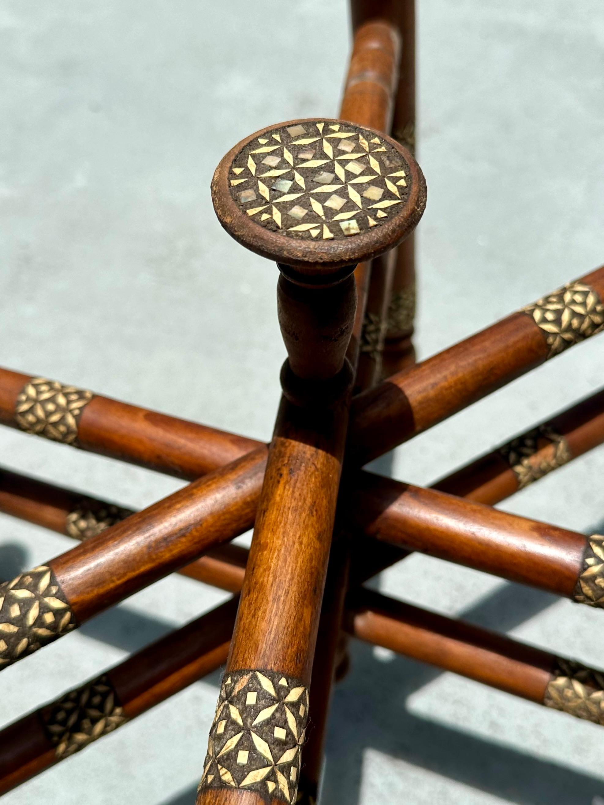Moorish Inlaid Six-Legged Folding Side Table and Brass Tray Top. In Good Condition For Sale In Vero Beach, FL