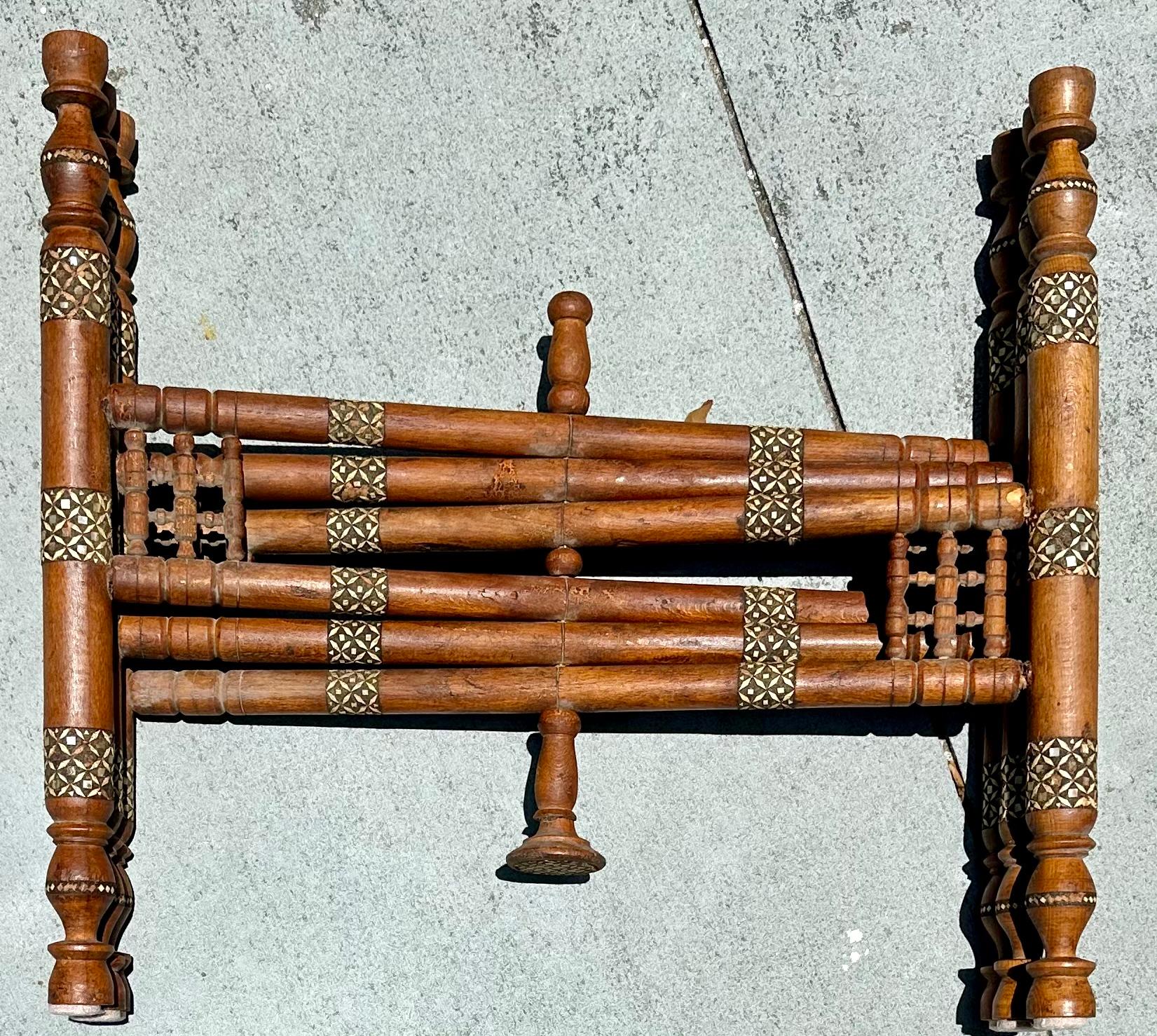19th Century Moorish Inlaid Six-Legged Folding Side Table and Brass Tray Top. For Sale